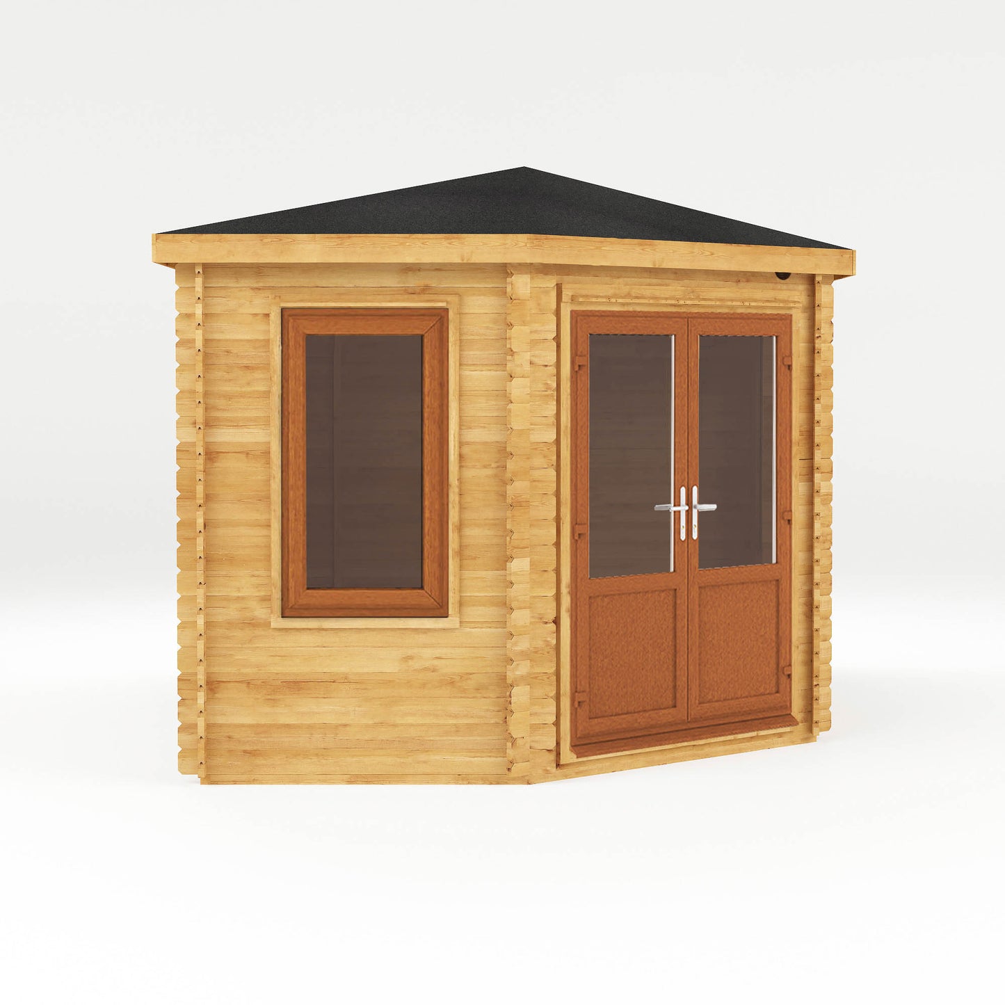 The Goldcrest 5m x 3m Log Cabin with Side Shed and Oak UPVC