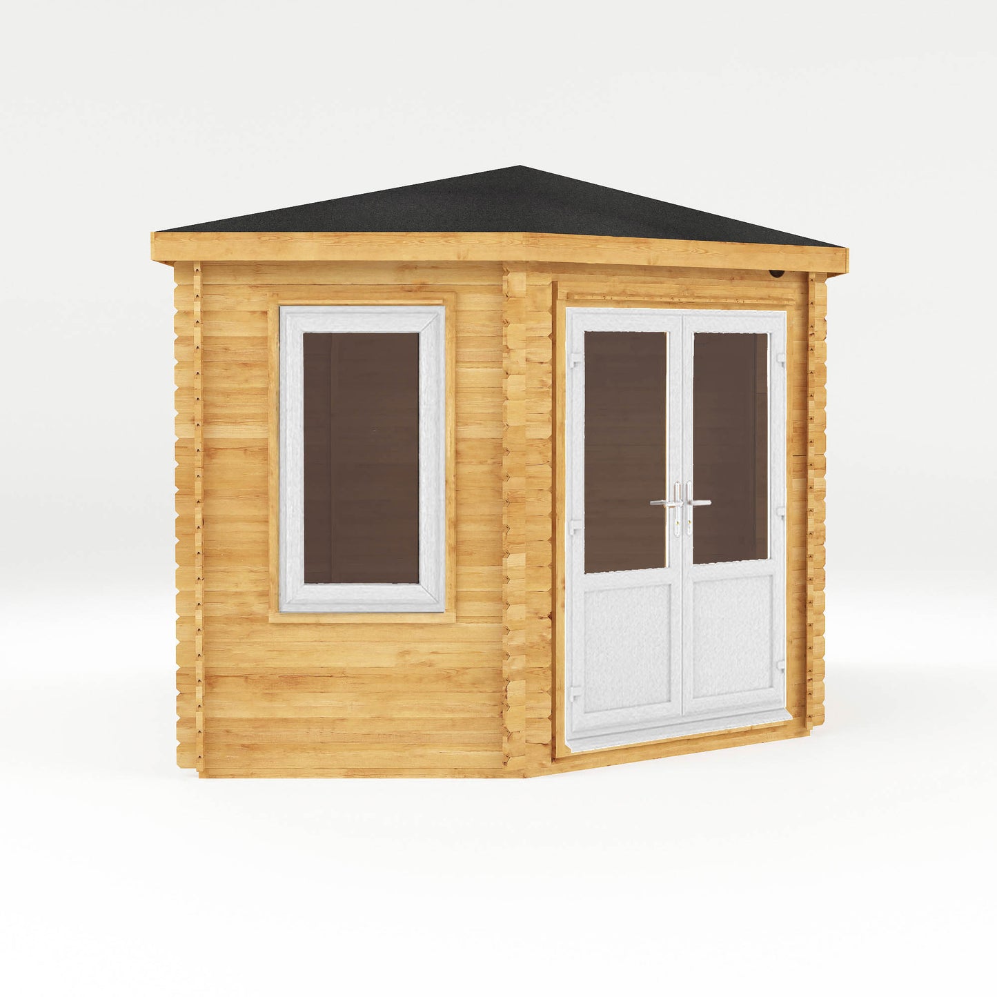 The Goldcrest 5m x 3m Log Cabin with Side Shed and White UPVC