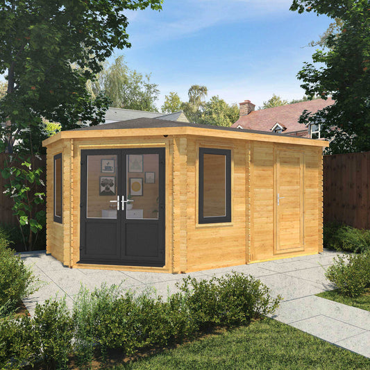 The Goldcrest 5m x 3m Log Cabin with Side Shed and Anthracite UPVC