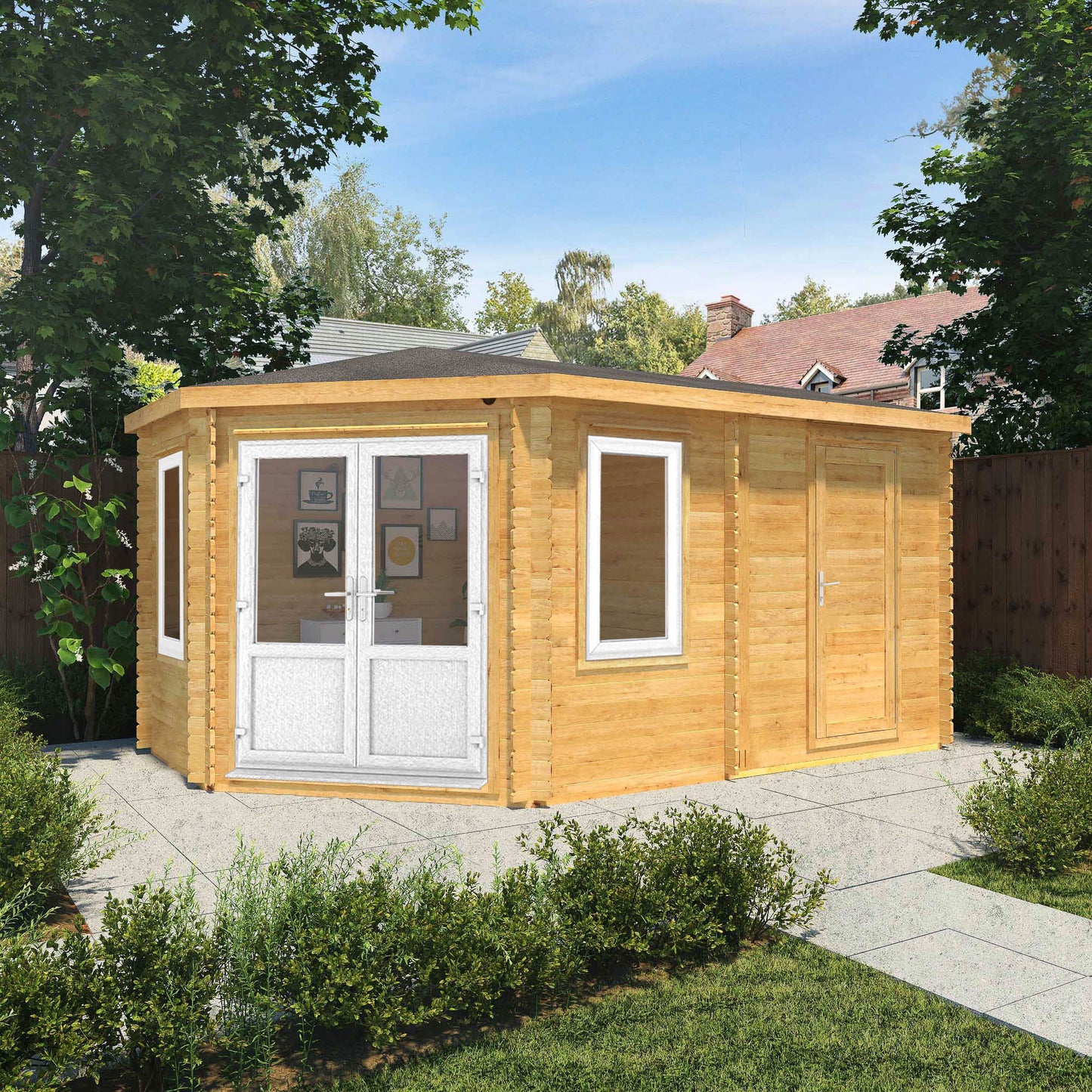 The Goldcrest 5m x 3m Log Cabin with Side Shed and White UPVC