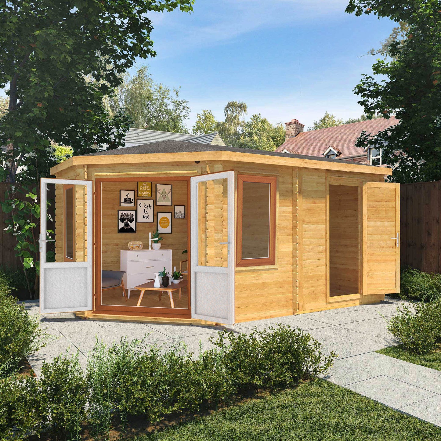 The Goldcrest 5m x 3m Log Cabin with Side Shed and Oak UPVC