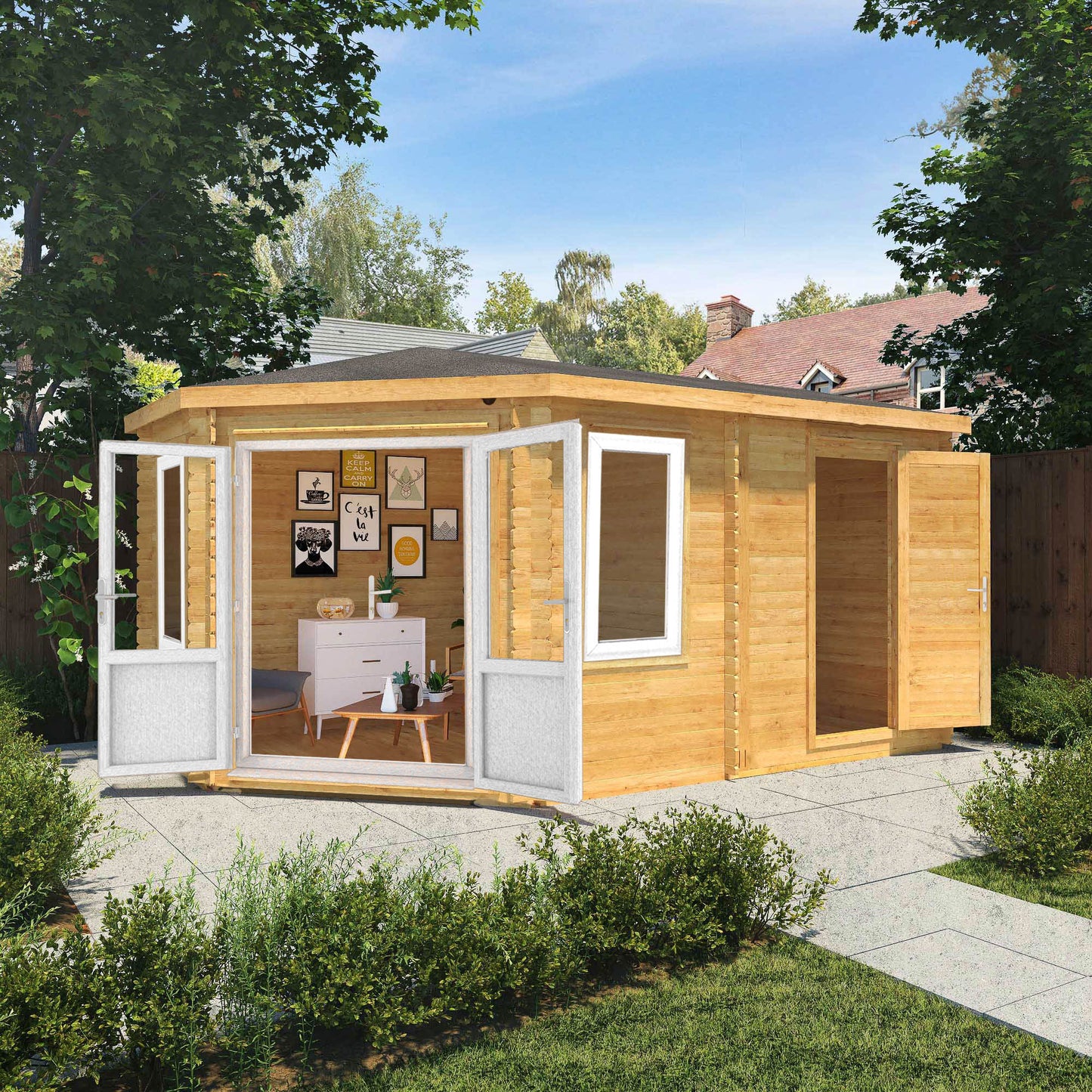 The Goldcrest 5m x 3m Log Cabin with Side Shed and White UPVC