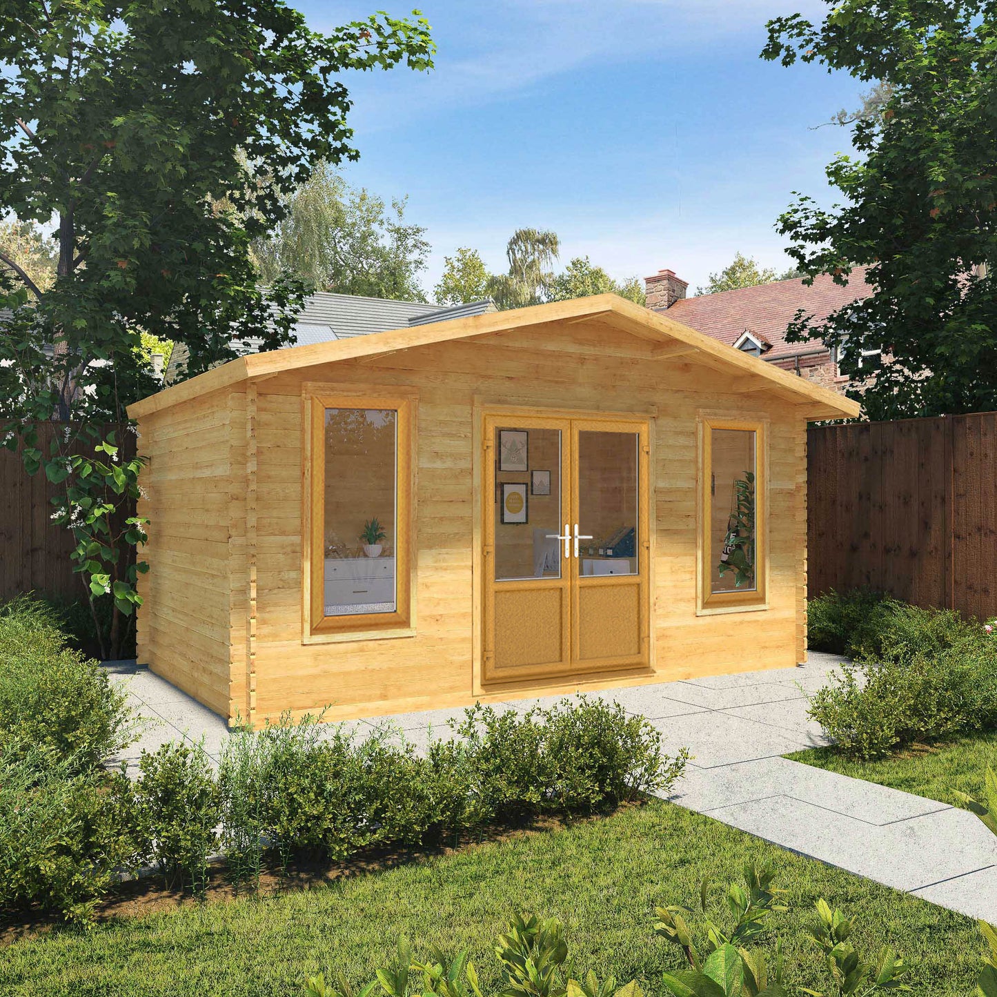 The 5m x 3m Sparrow Log Cabin with Oak UPVC