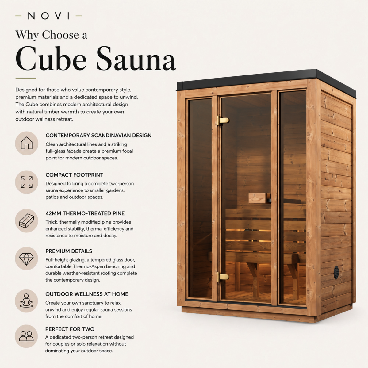 Novi Rose Premium Cube Outdoor Sauna - 2 Person