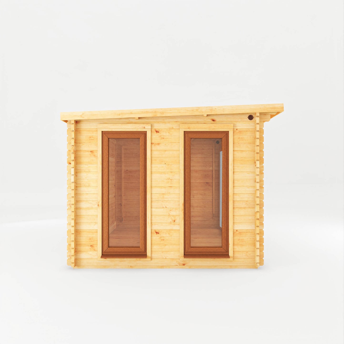 The 7m x 3m Wren Log Cabin with Slatted Area and Oak UPVC