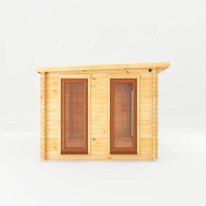 The 7m x 3m Wren Log Cabin with Slatted Area and Oak UPVC