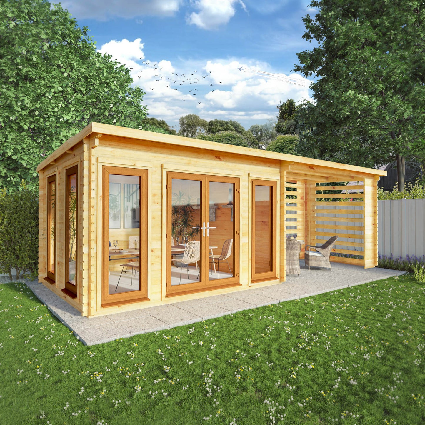 The 7m x 3m Wren Log Cabin with Slatted Area and Oak UPVC