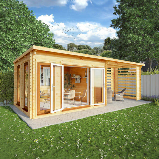 The 7m x 3m Wren Log Cabin with Slatted Area and Oak UPVC