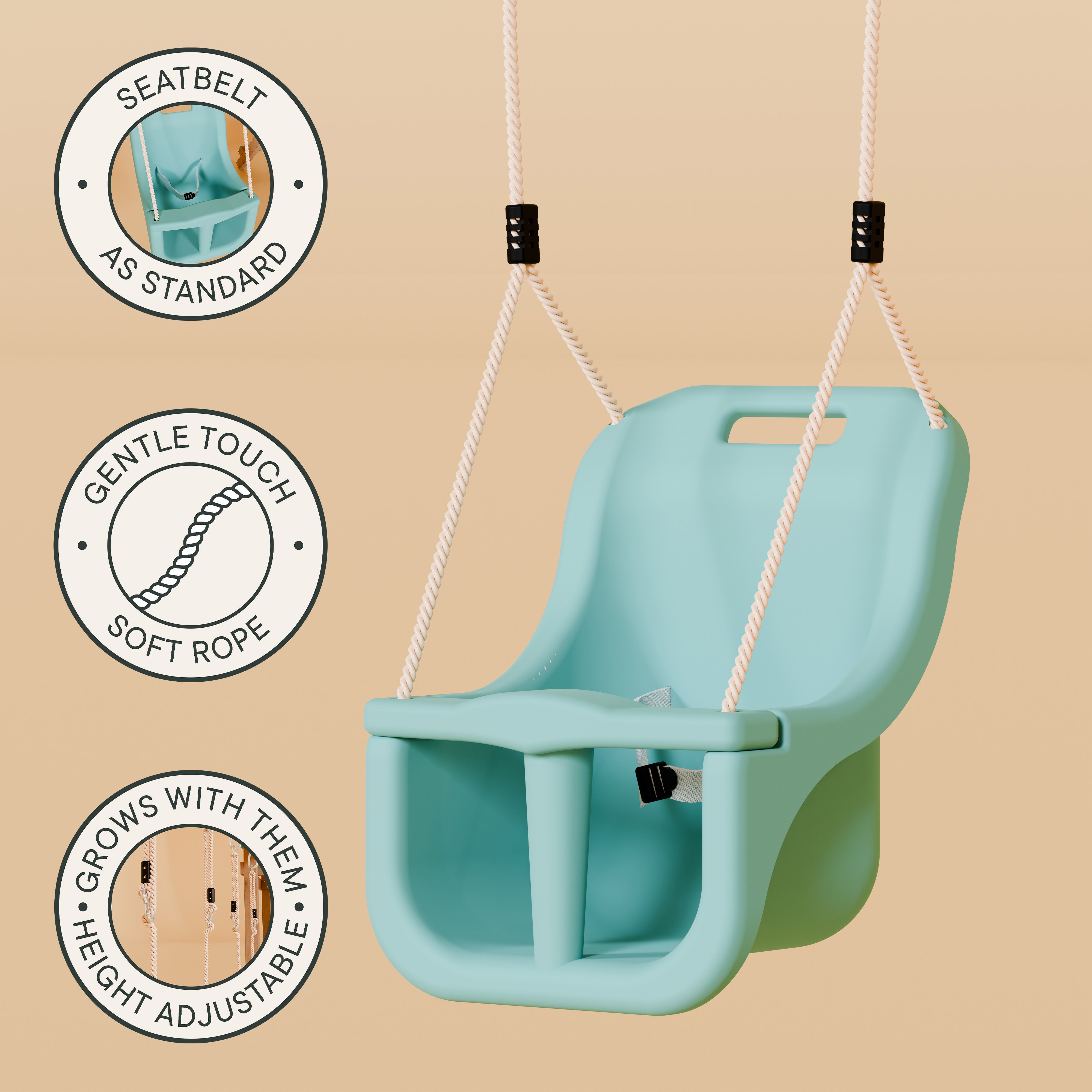 Baby swing with seatbelt, soft rope, and height adjustable features on a beige background