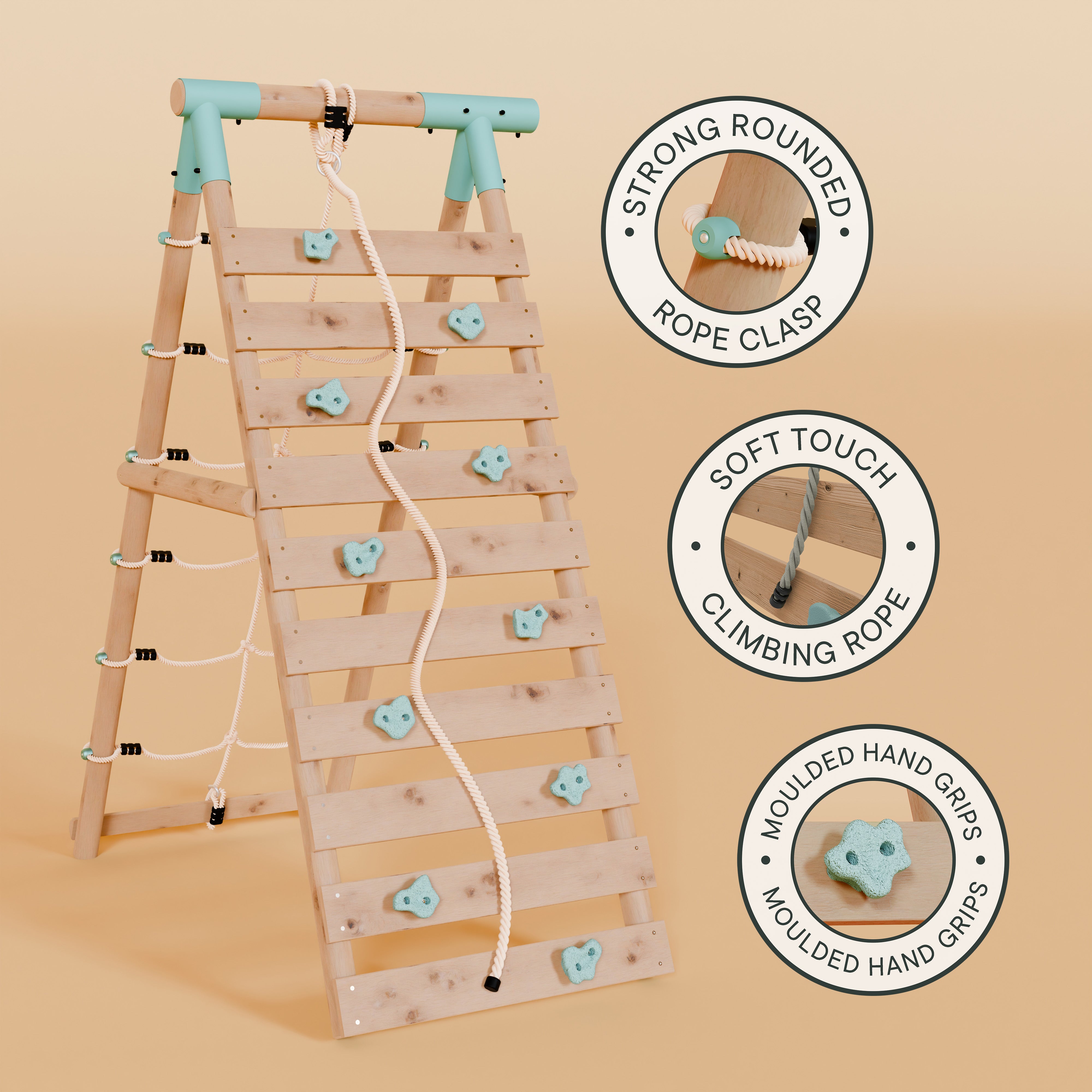 Wooden climbing wall with ropes and hand grips on a beige background