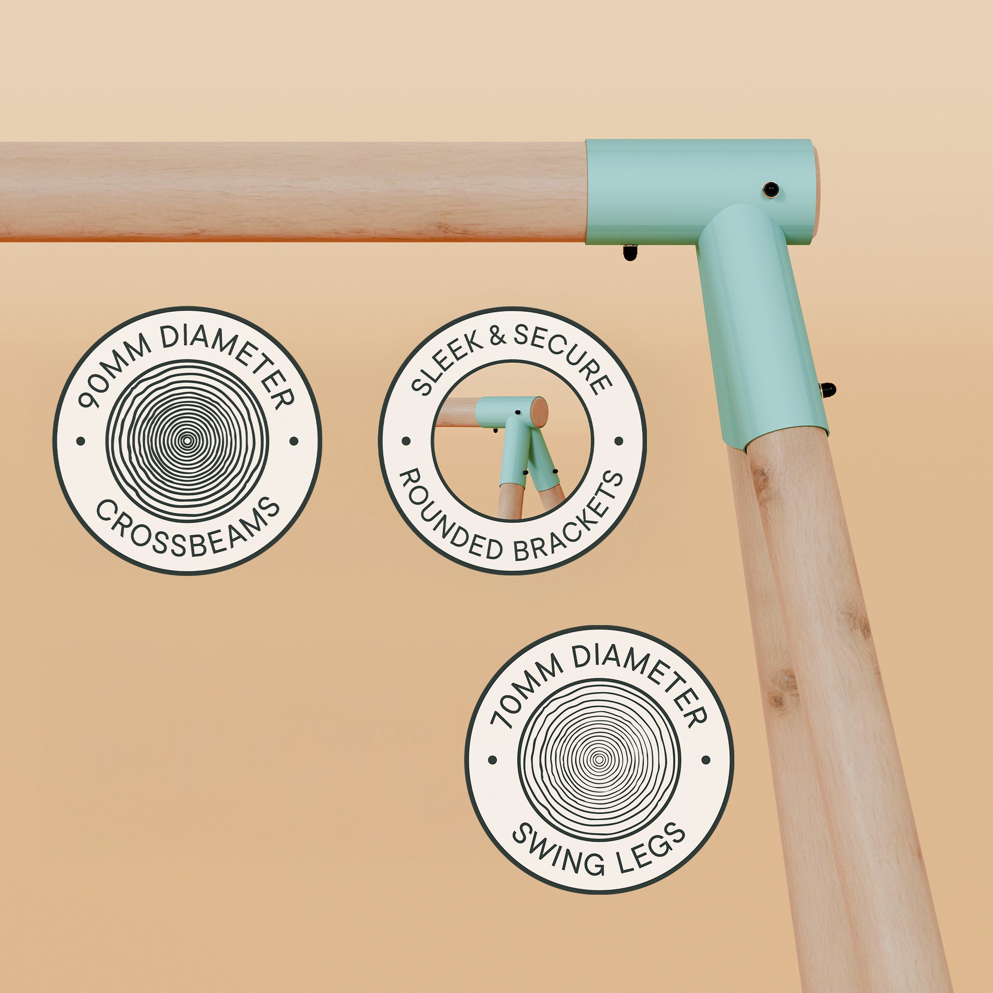 Teal and wooden swing with labeled features on a beige background