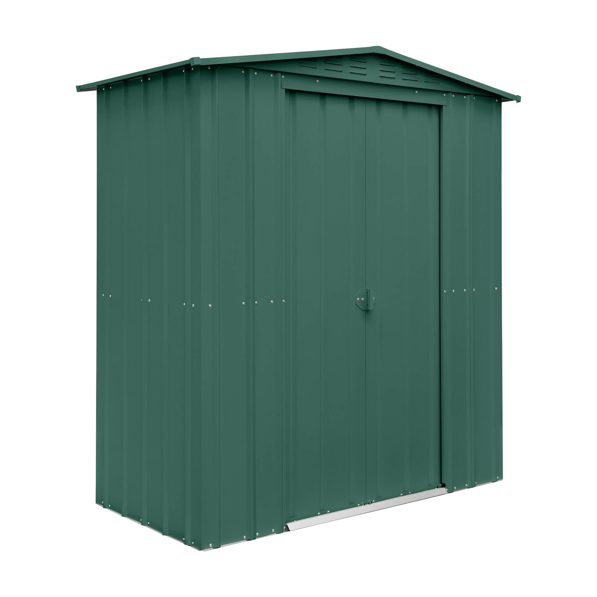 Green metal storage shed on a white background