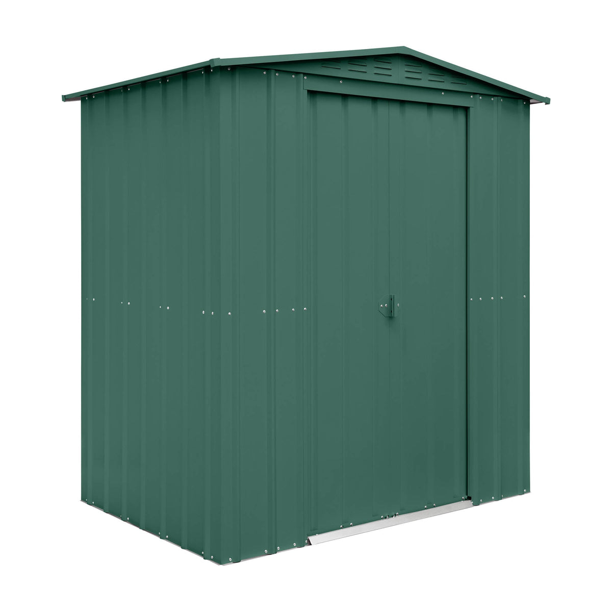 Green metal storage shed on a white background