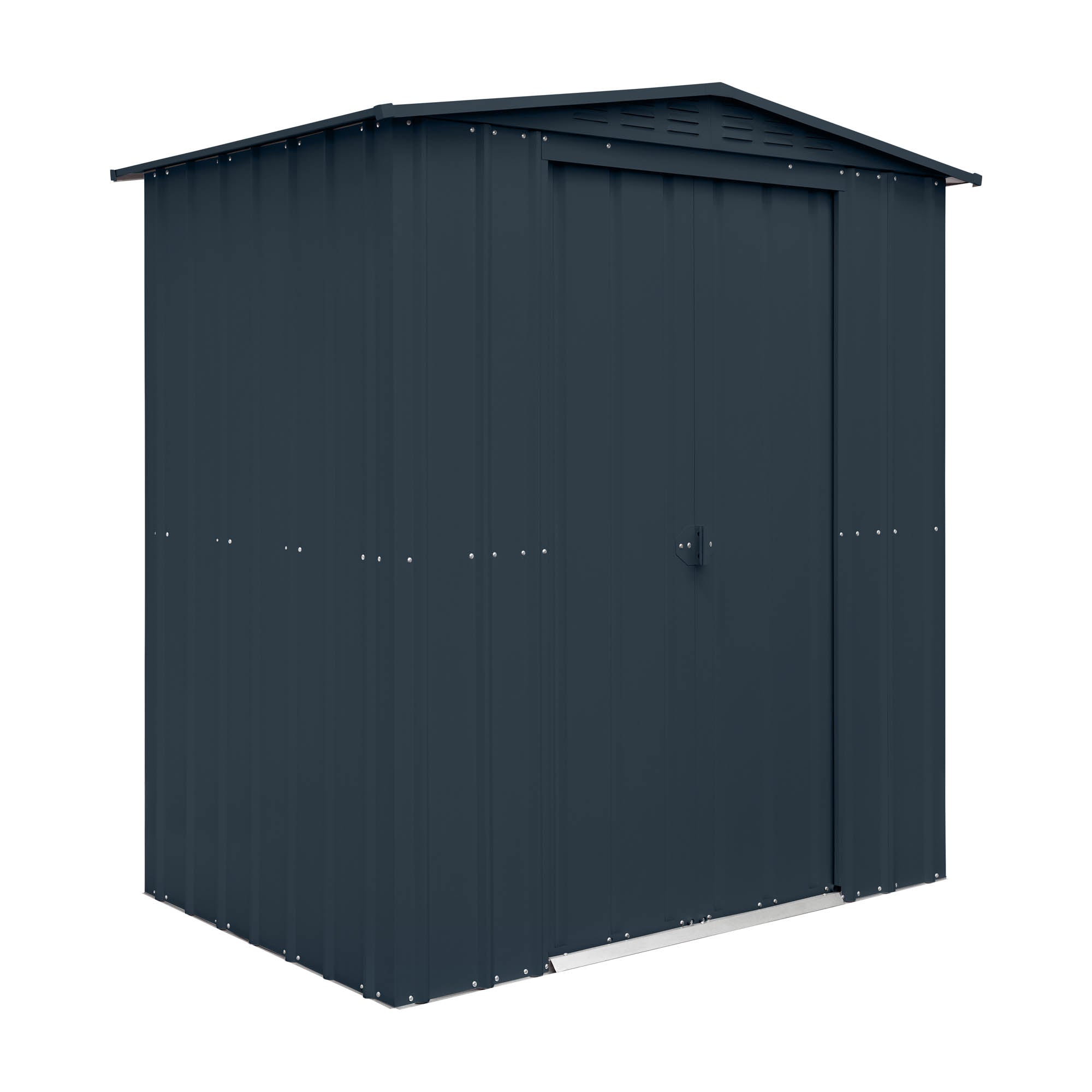 Dark blue metal storage shed on a white background