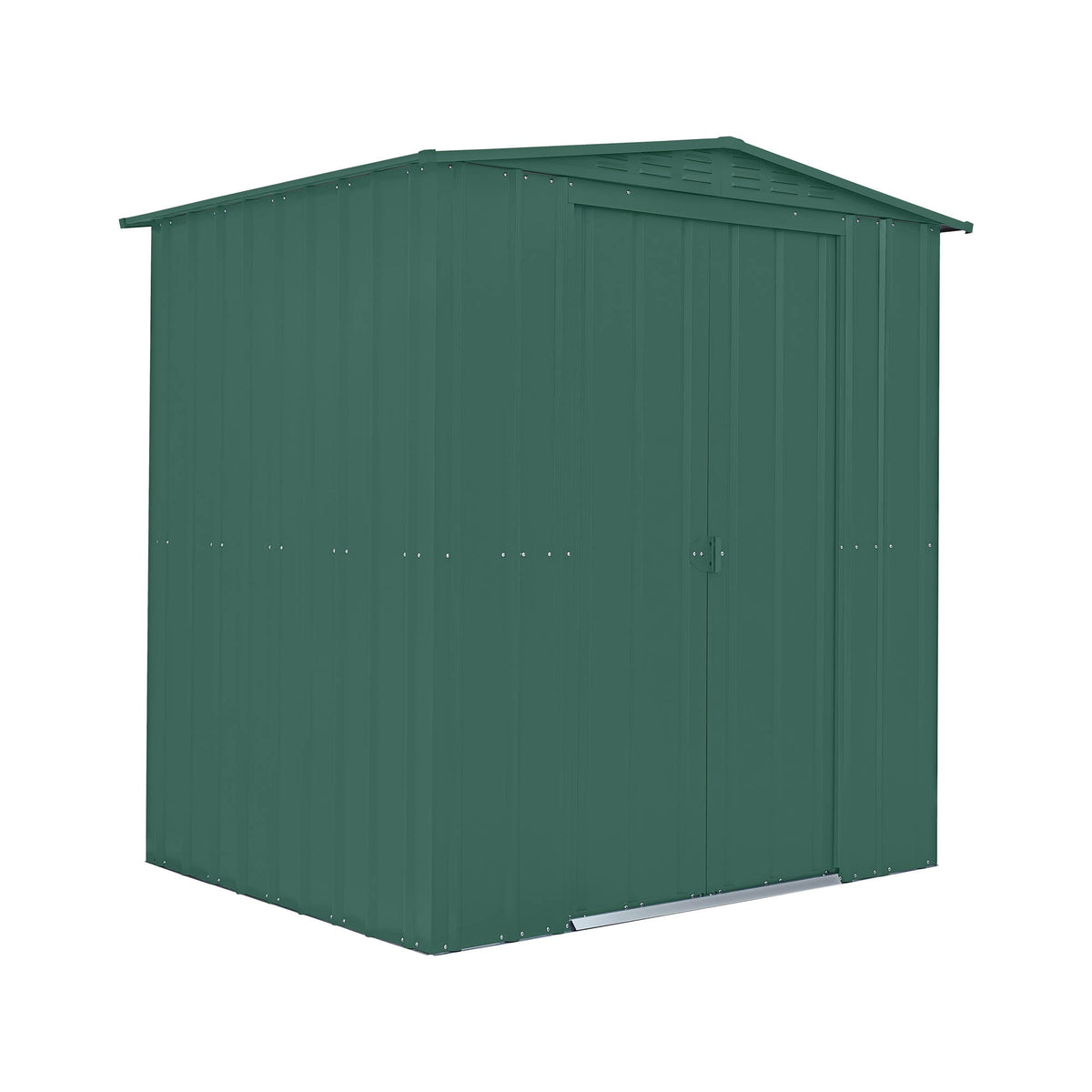 Green metal storage shed on a white background