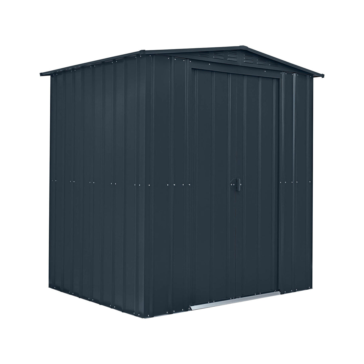 Dark gray metal storage shed on a white background