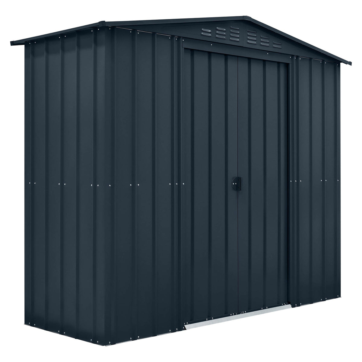 Black metal storage shed on a white background