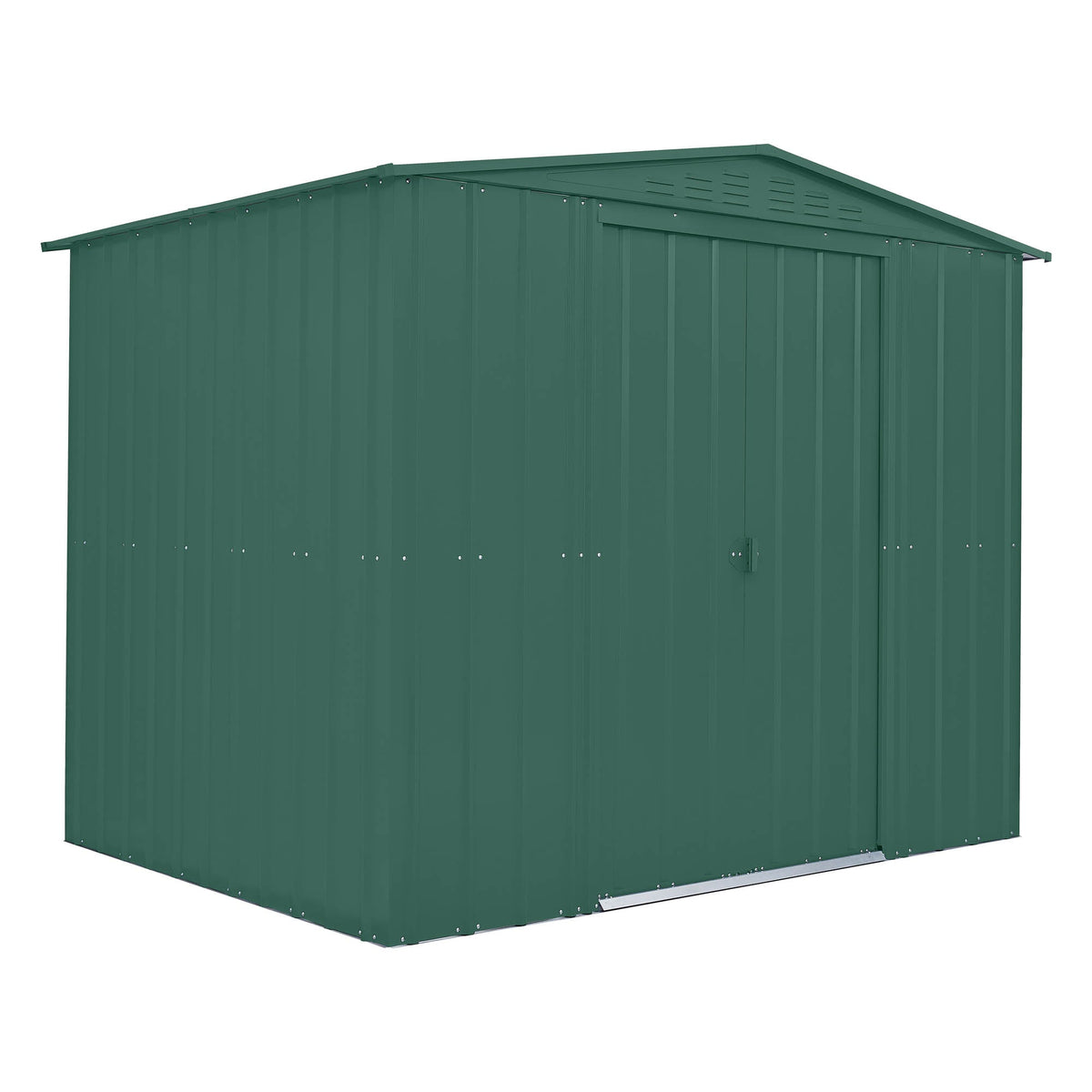 Green metal storage shed on a white background