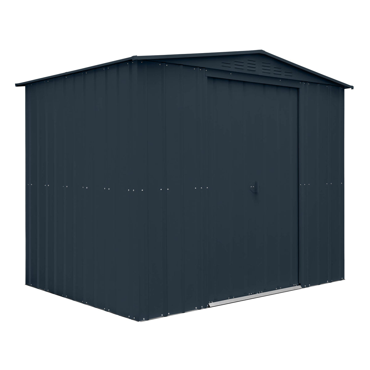 Dark gray metal storage shed on a white background