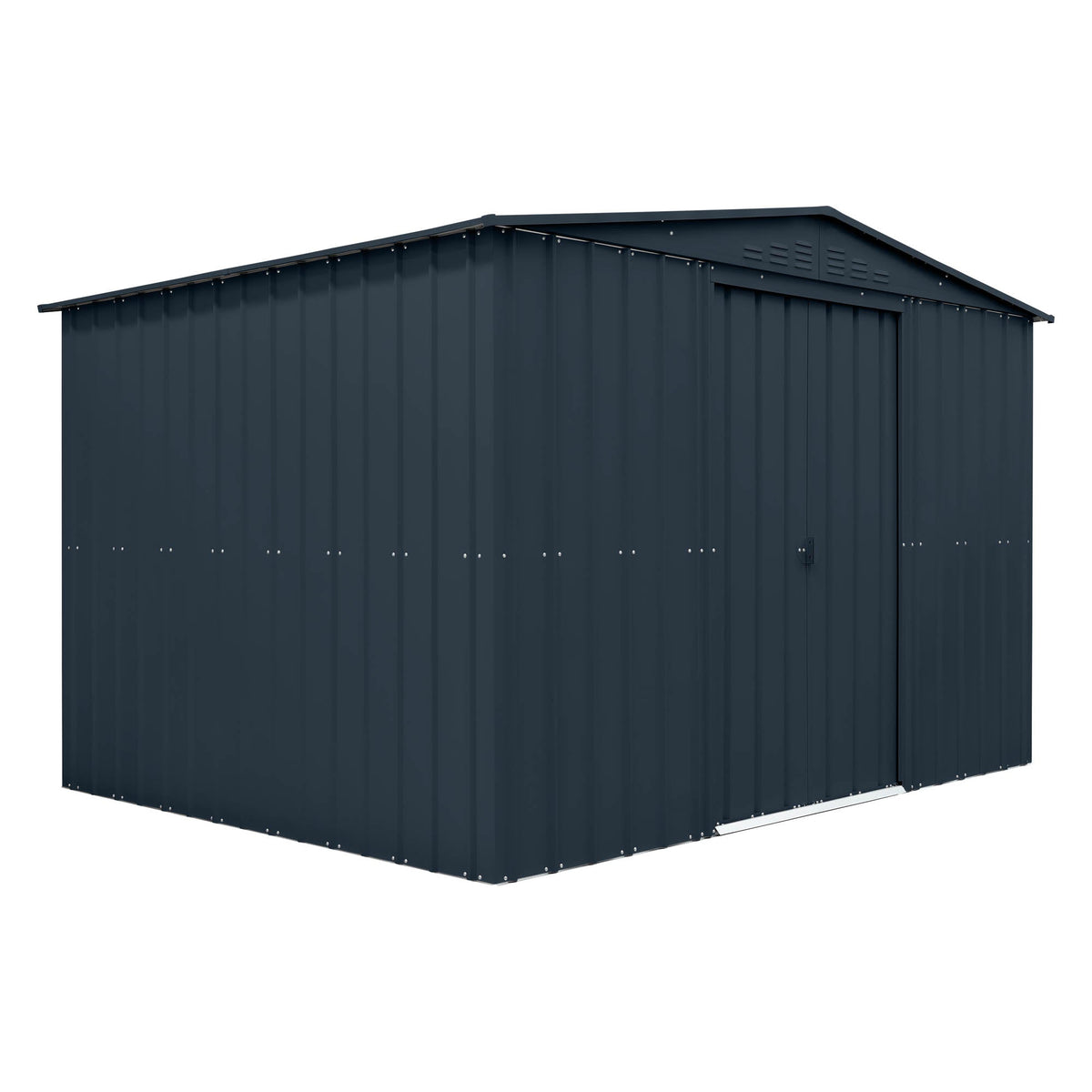 Dark gray metal storage shed on a white background