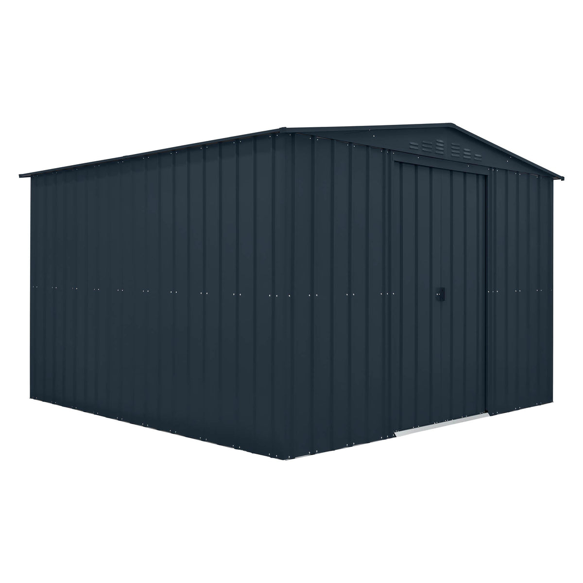 Dark gray metal storage shed on a white background