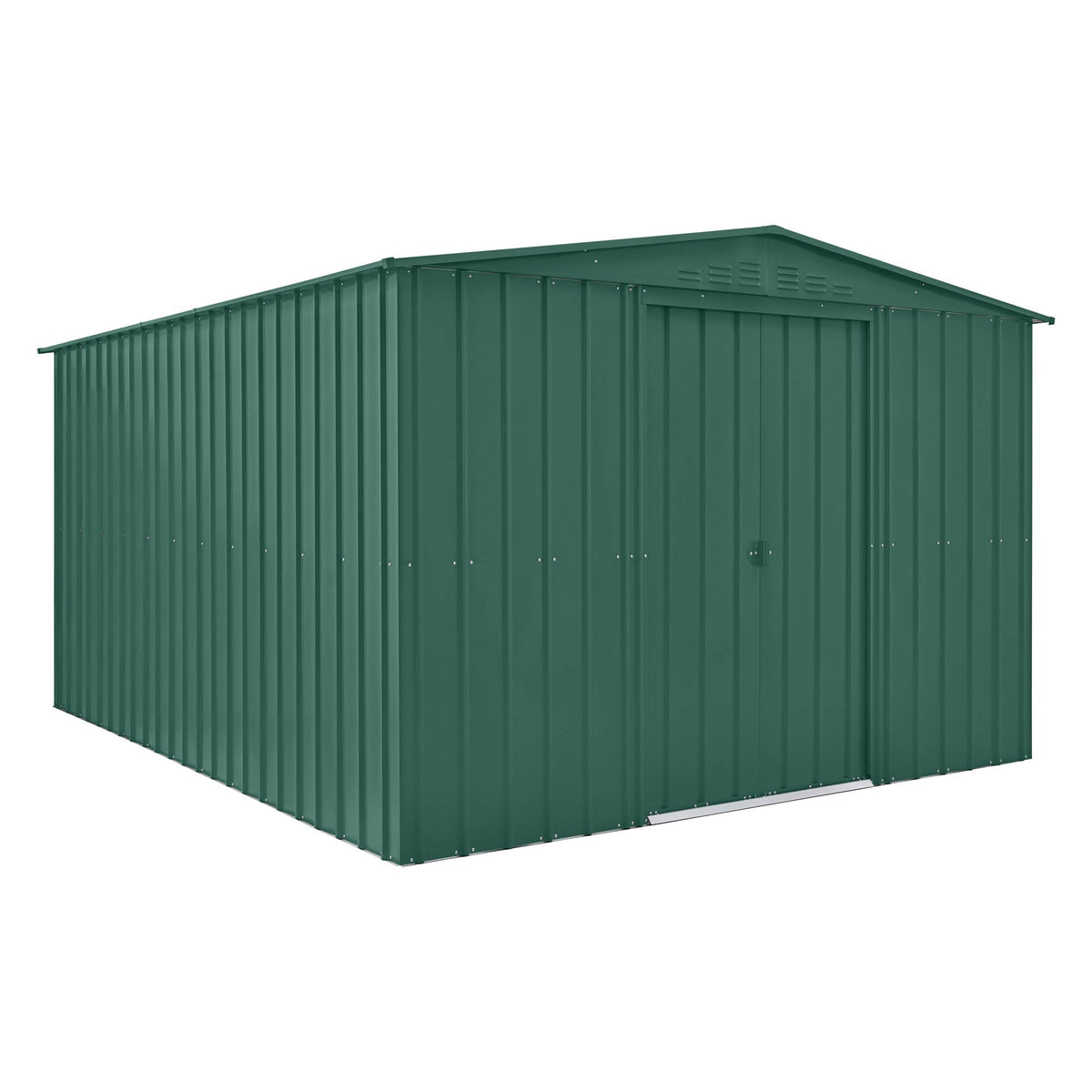 Green metal storage shed on a white background