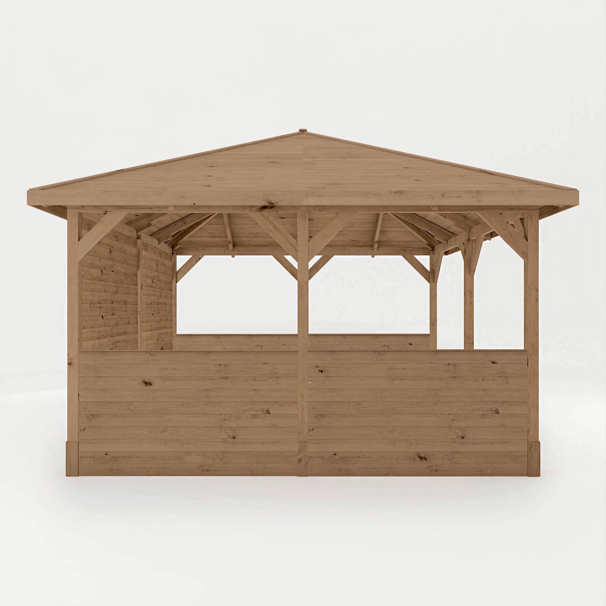 Wooden gazebo with a triangular roof on a white background