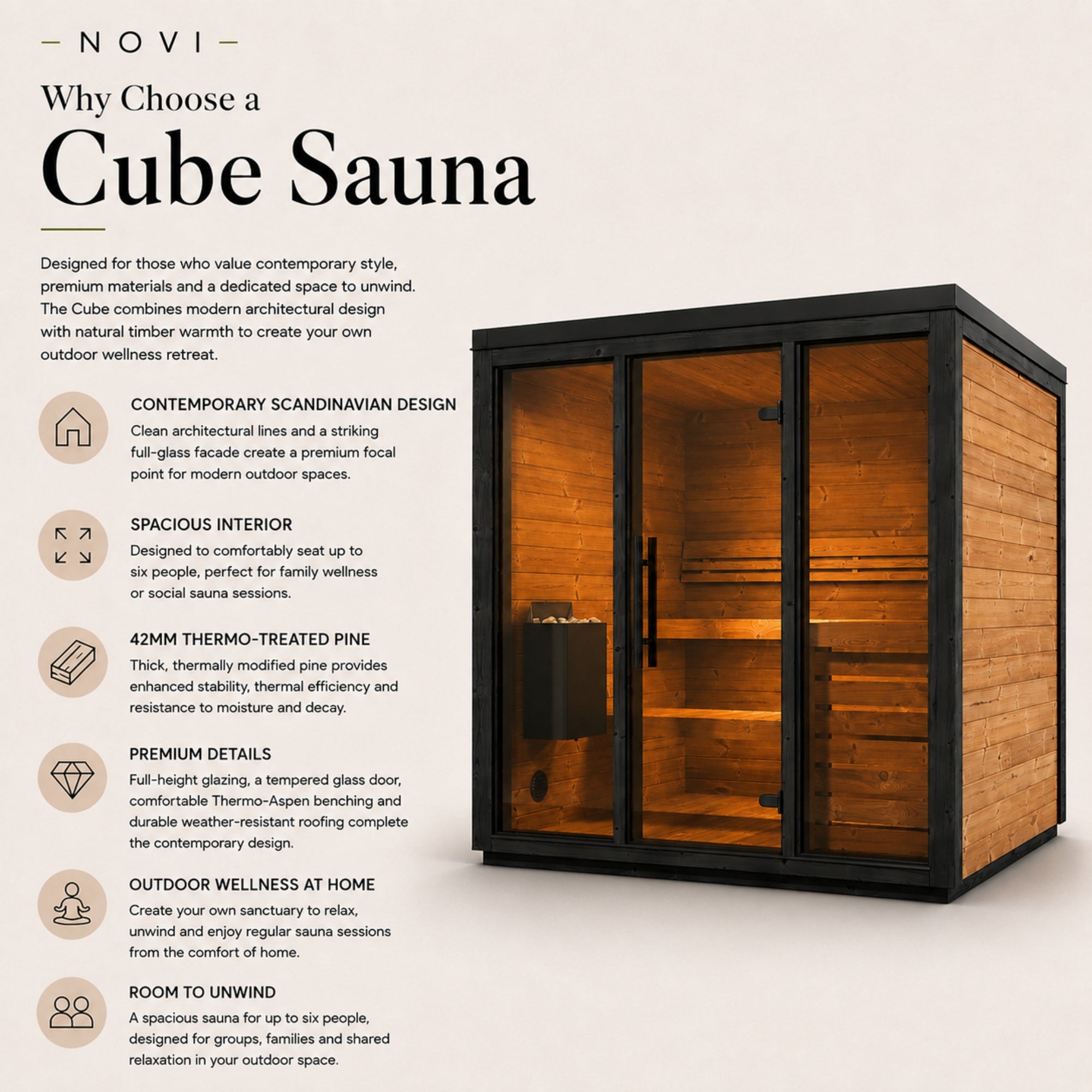 Novi Rose Premium Cube Outdoor Sauna - 5 Person