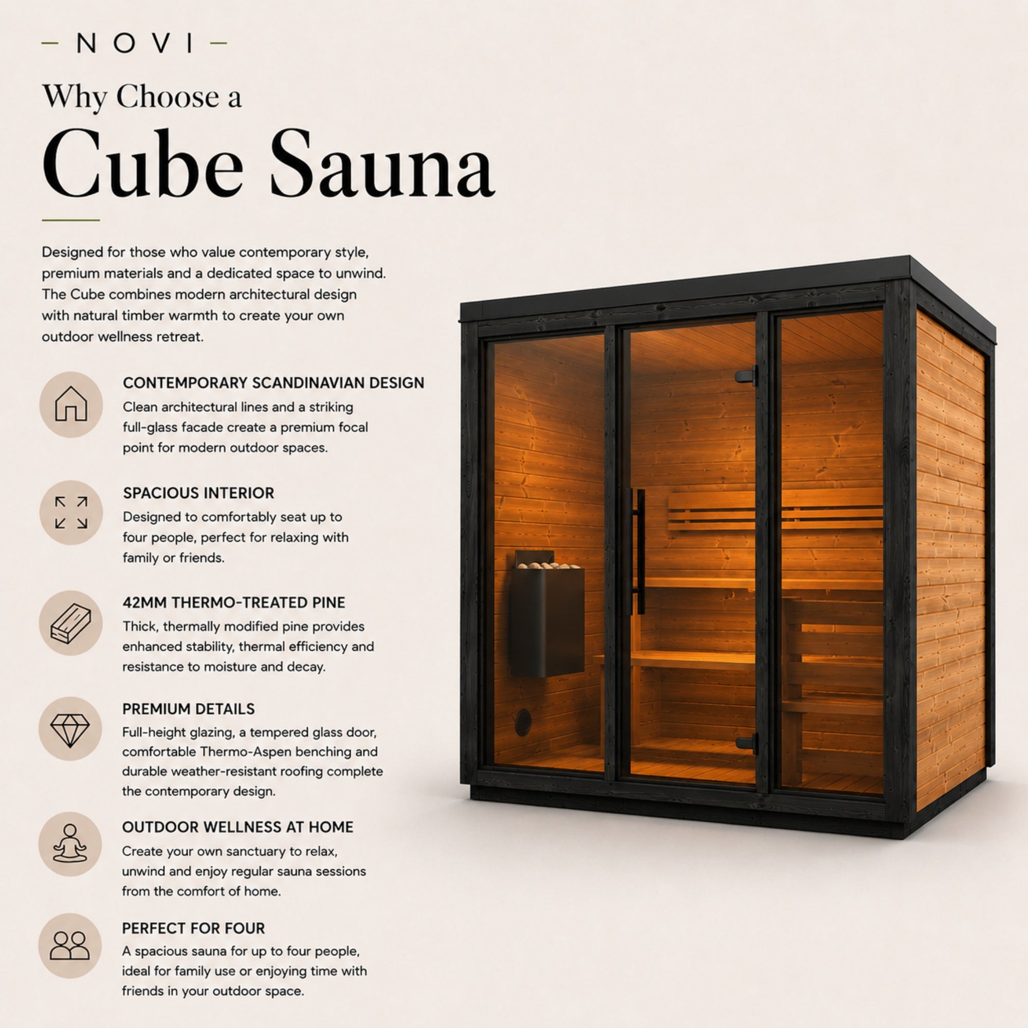 Novi Rose Premium Cube Outdoor Sauna - 4 Person