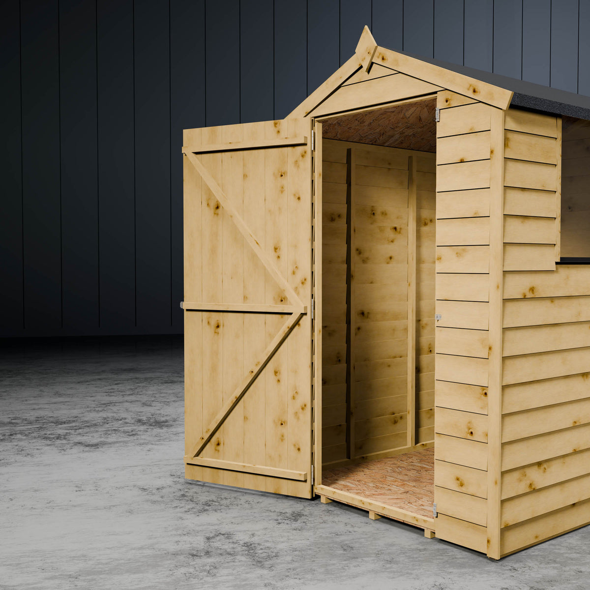Wooden overlap apex shed with styrene windows and the door open on a metallic background.