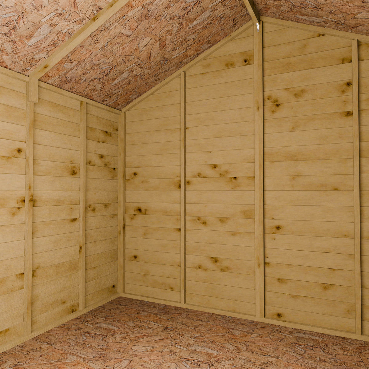 Wooden shed interior with an apex ceiling