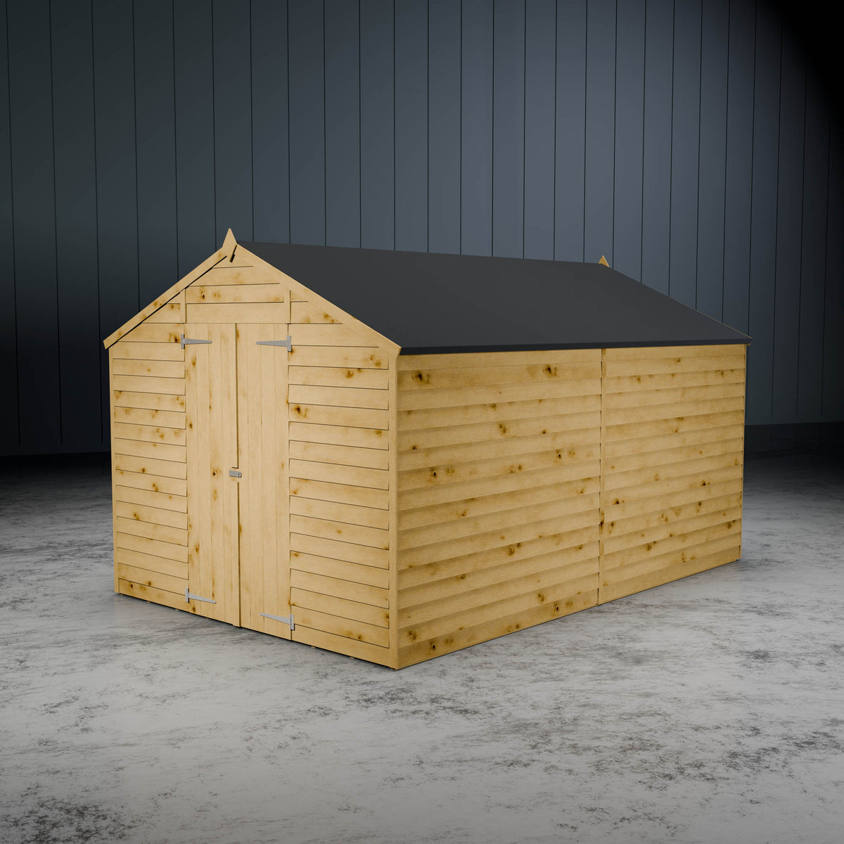 Wooden apex overlap shed without windows with double doors on a metallic background.