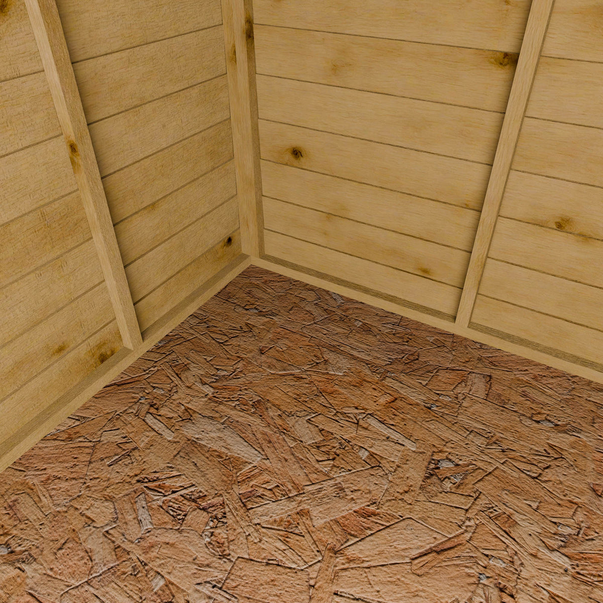 Wooden interior with planks on the walls and OSB flooring.
