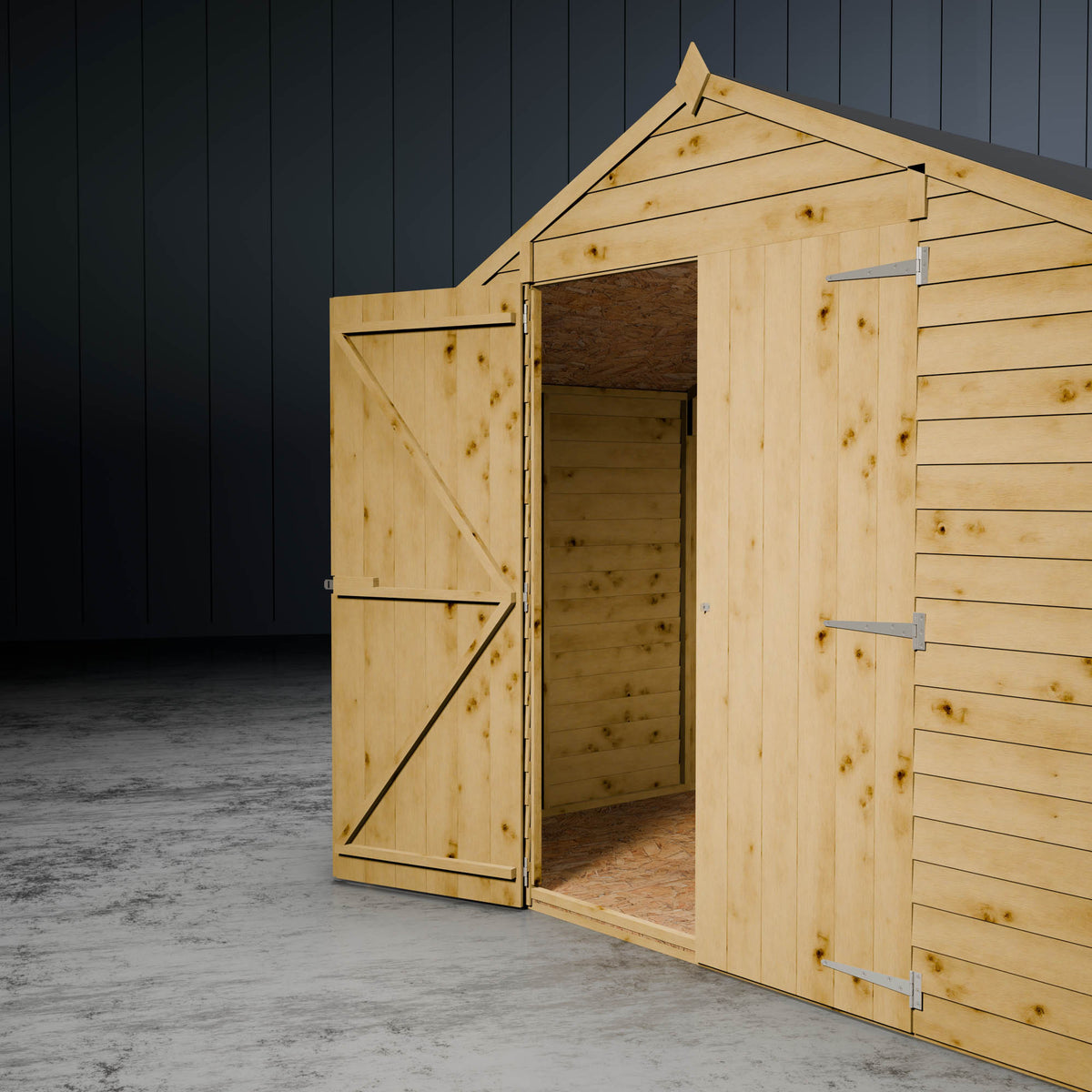 Wooden apex overlap shed with one of the double doors open on a metallic background.