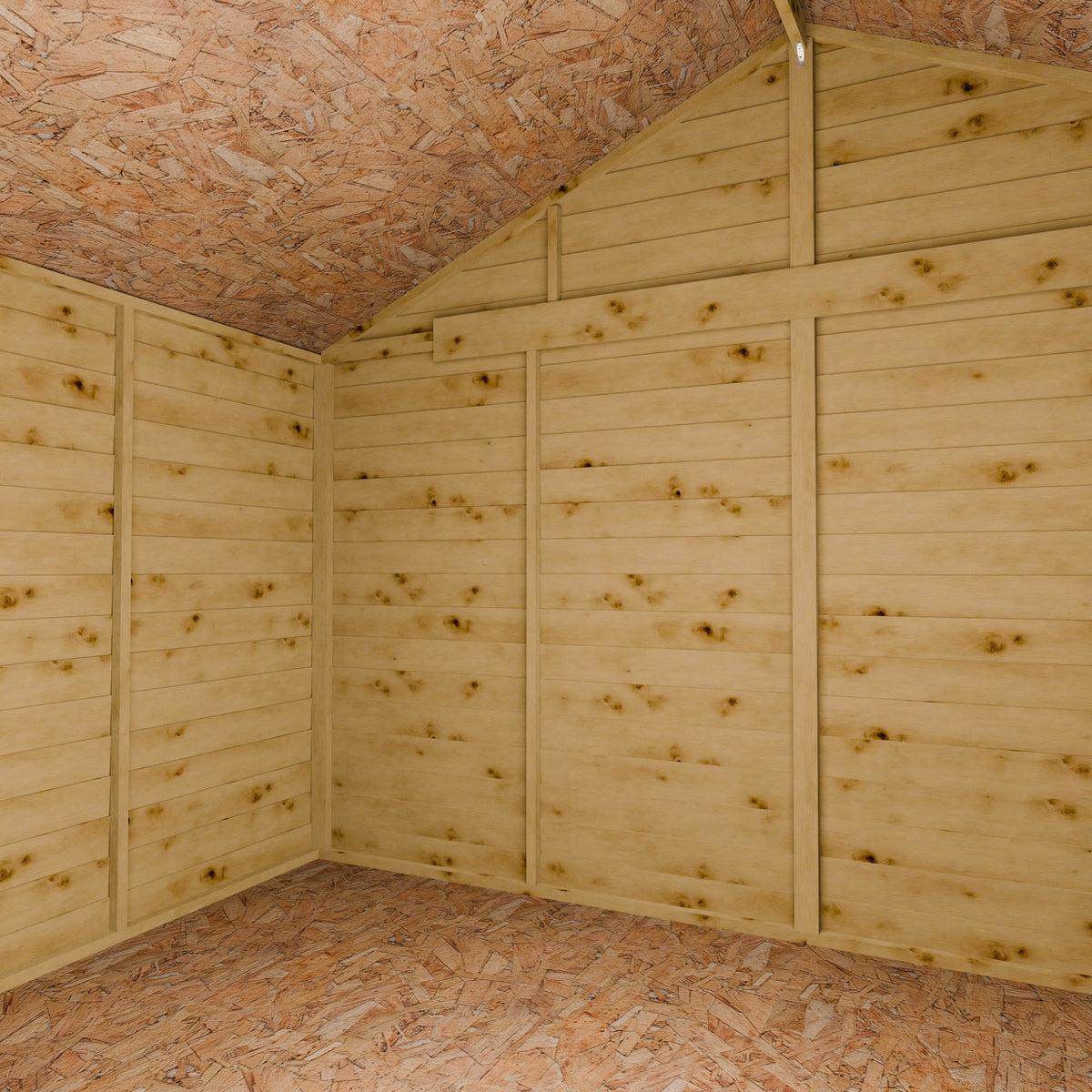 Wooden shed interior with an apex roof and walls made of wooden planks.