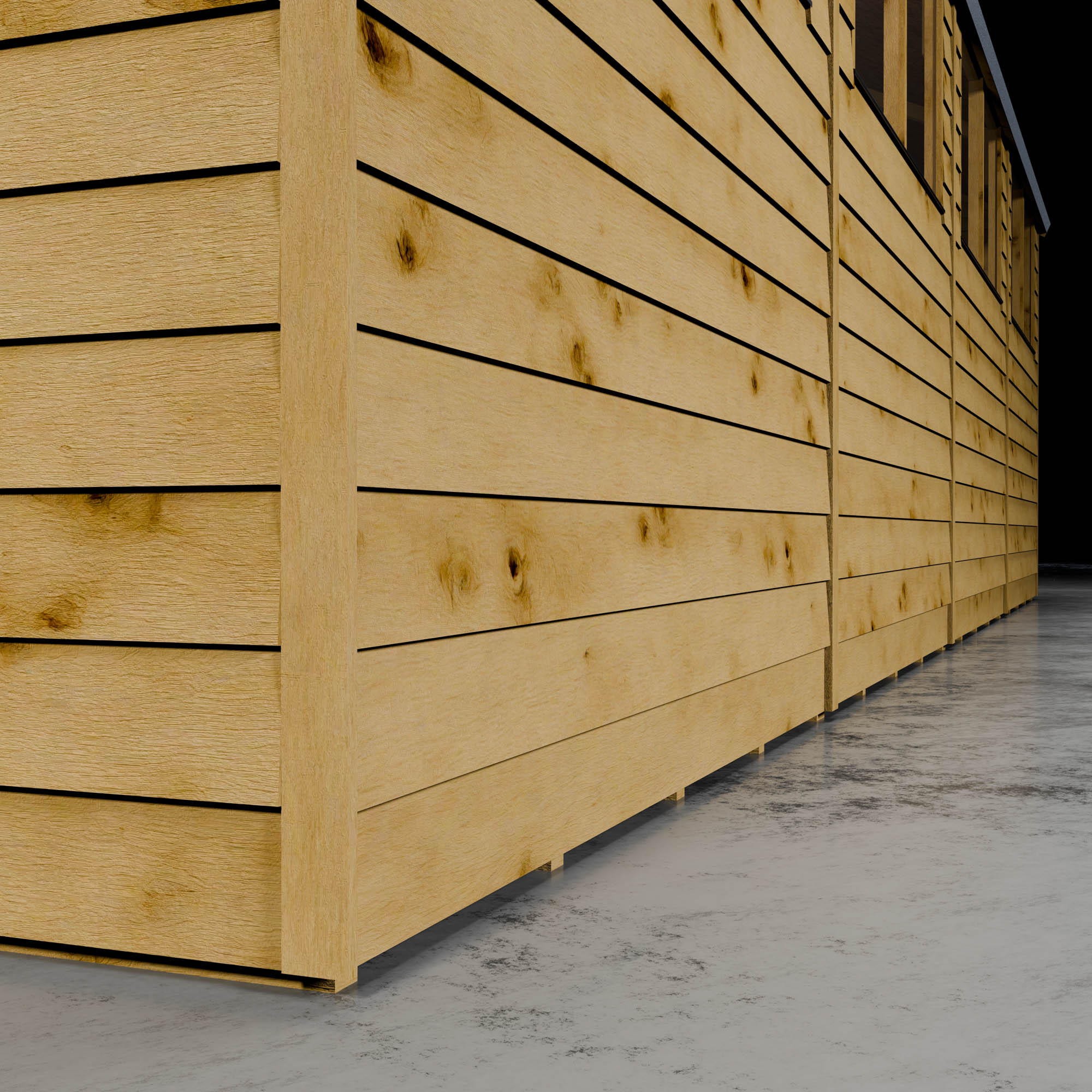 Wooden overlap shed cladding with styrene windows in a darkened setting.