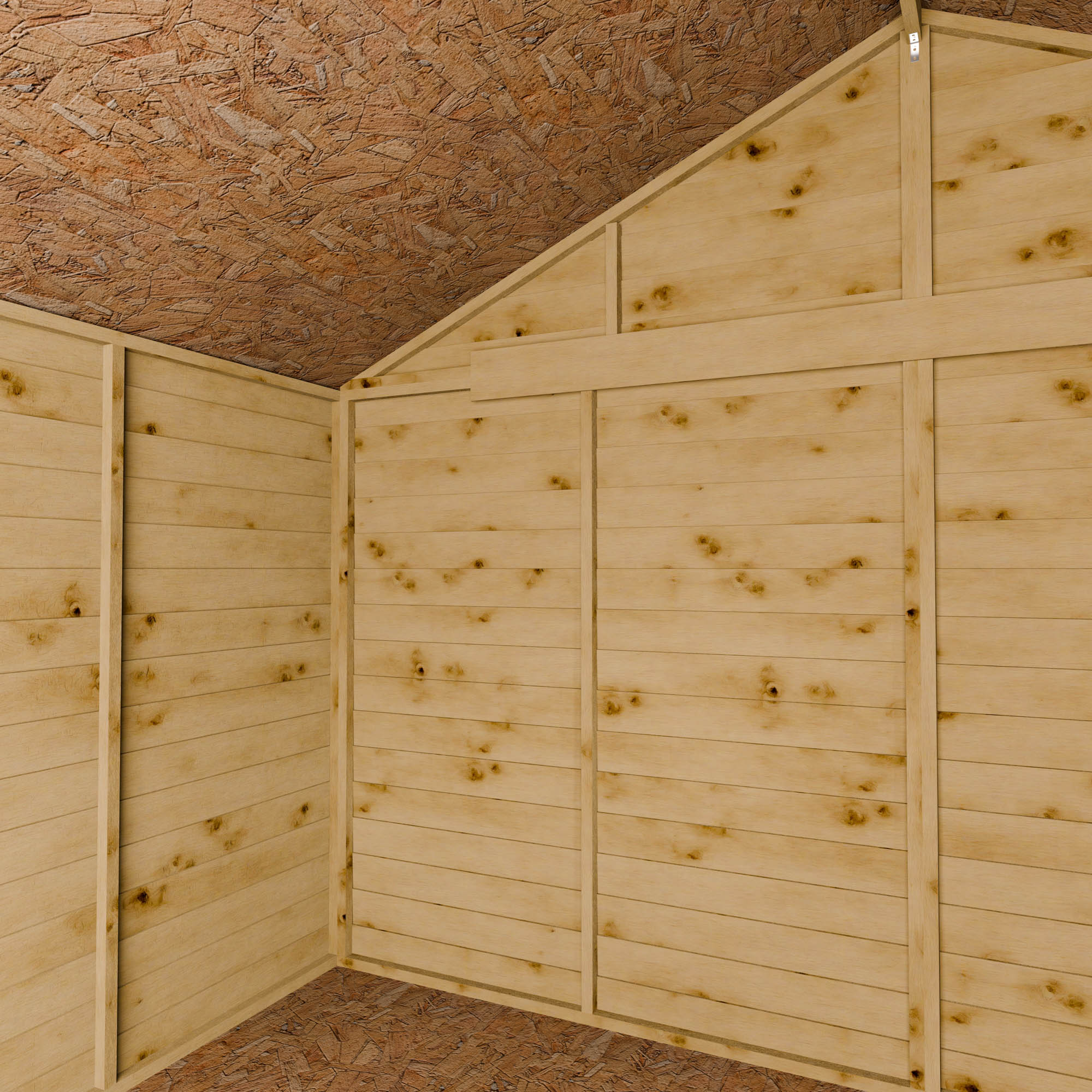 Wooden shed interior with panelized walls and ceiling.