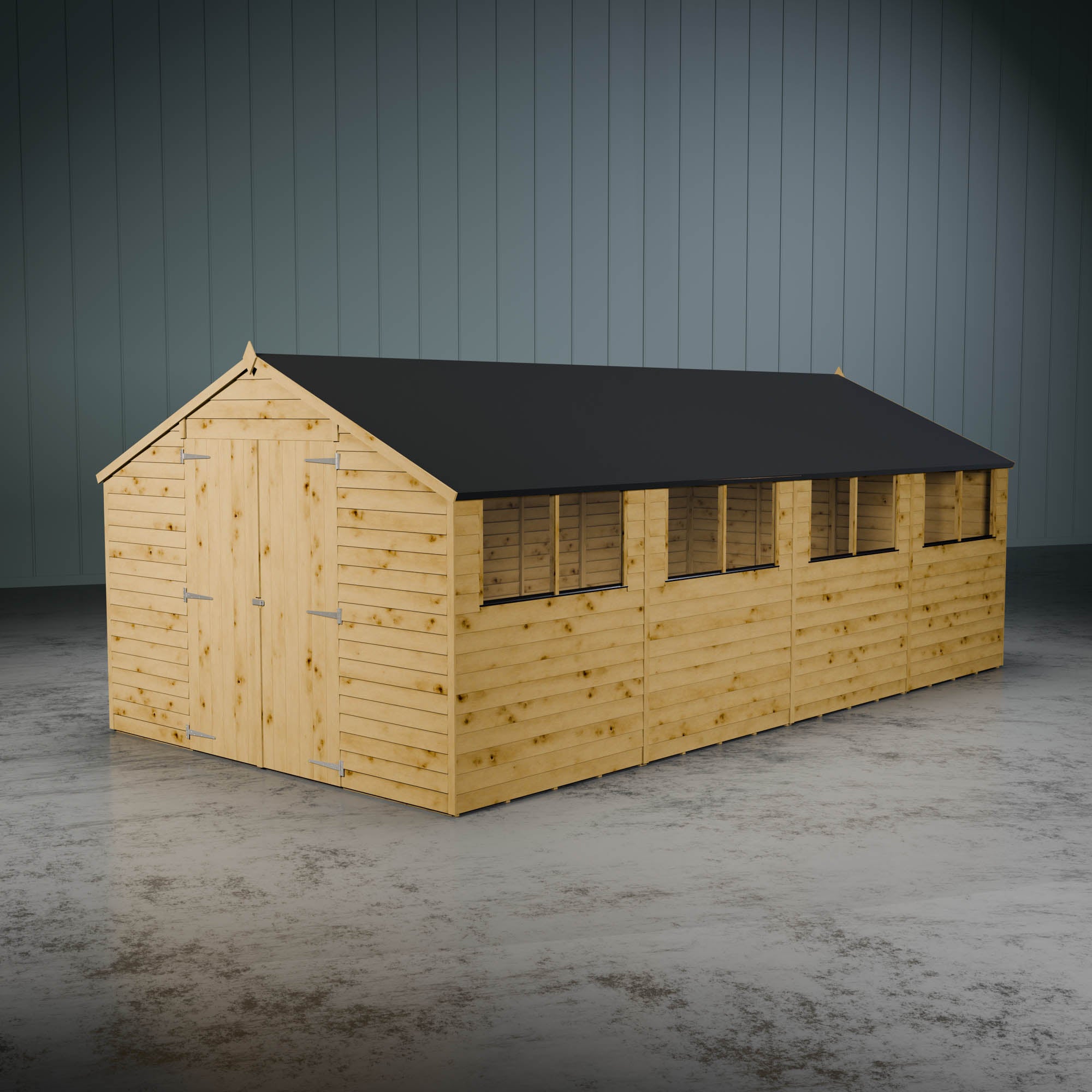 Wooden overlap apex shed with styrene windows with double doors on a metallic background.