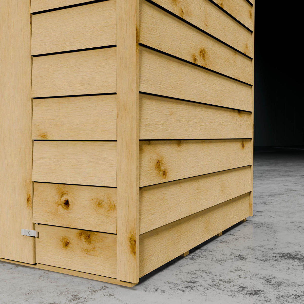 Wooden overlap shed cladding in darkened setting.