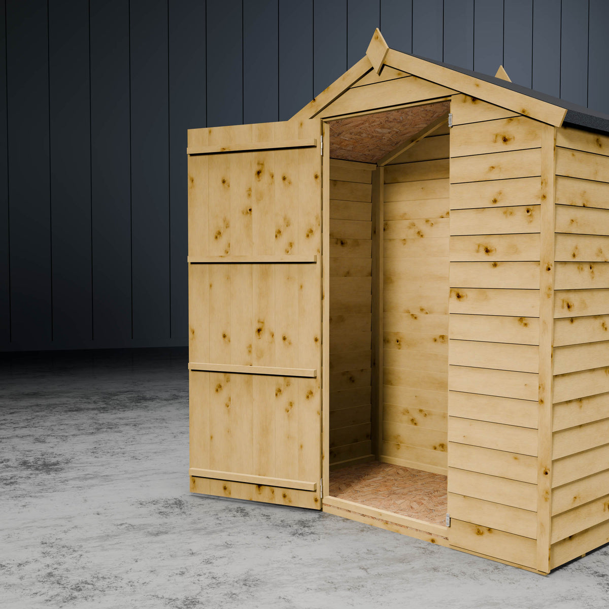 Wooden apex overlap shed with the door open in a metallic setting.