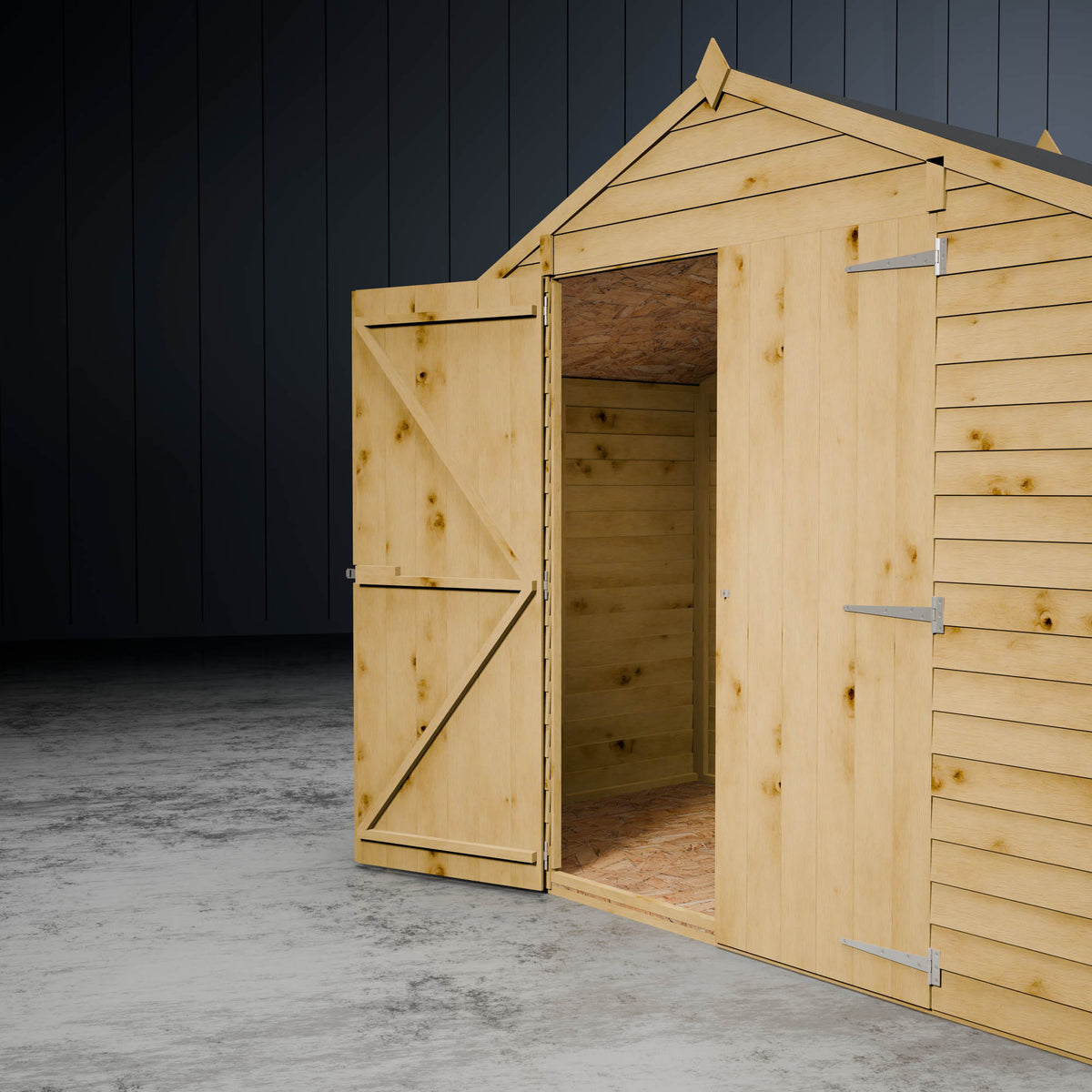 Wooden overlap apex shed with one of the double doors open on a metallic background.