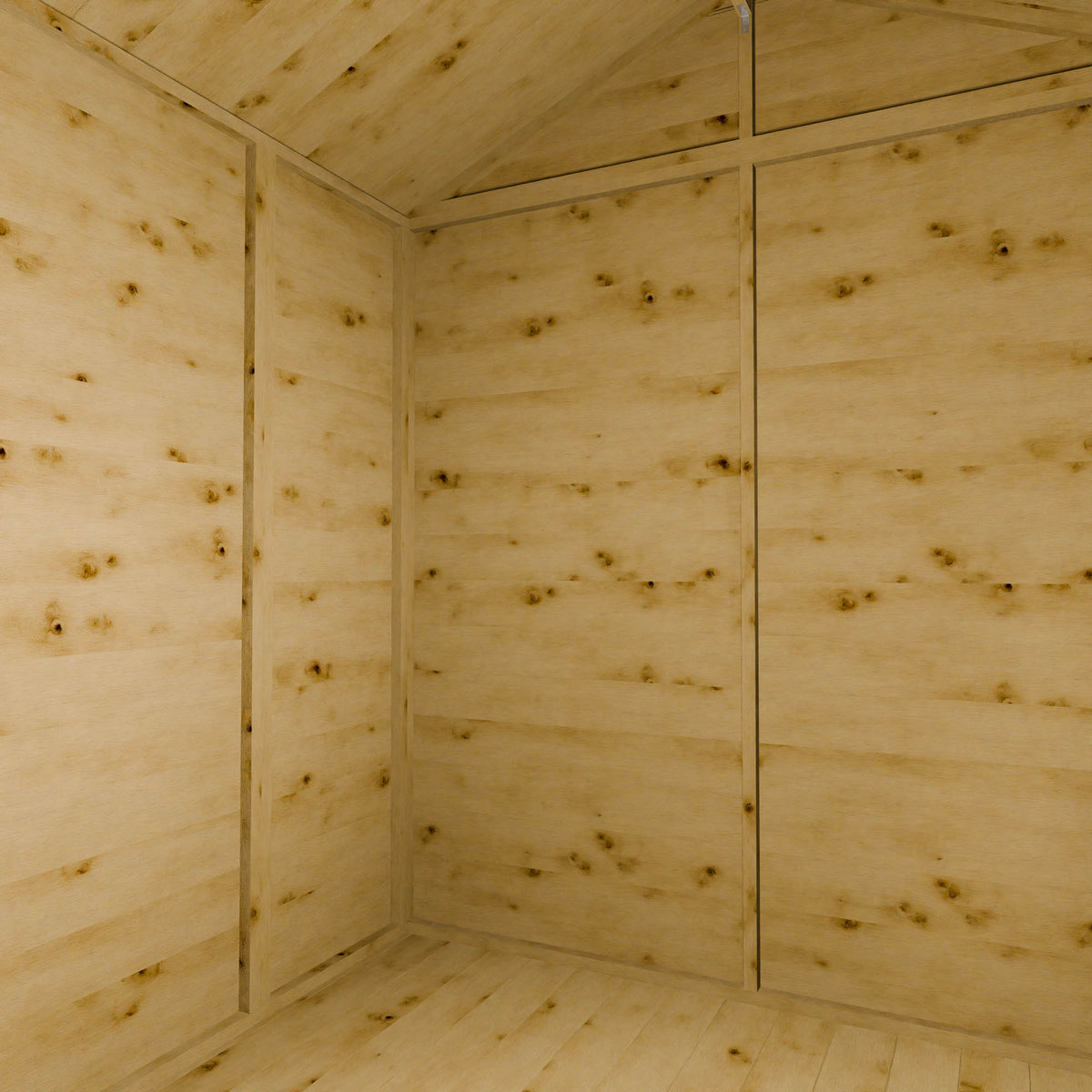 Wooden shed interior with a focus on the walls and ceiling.