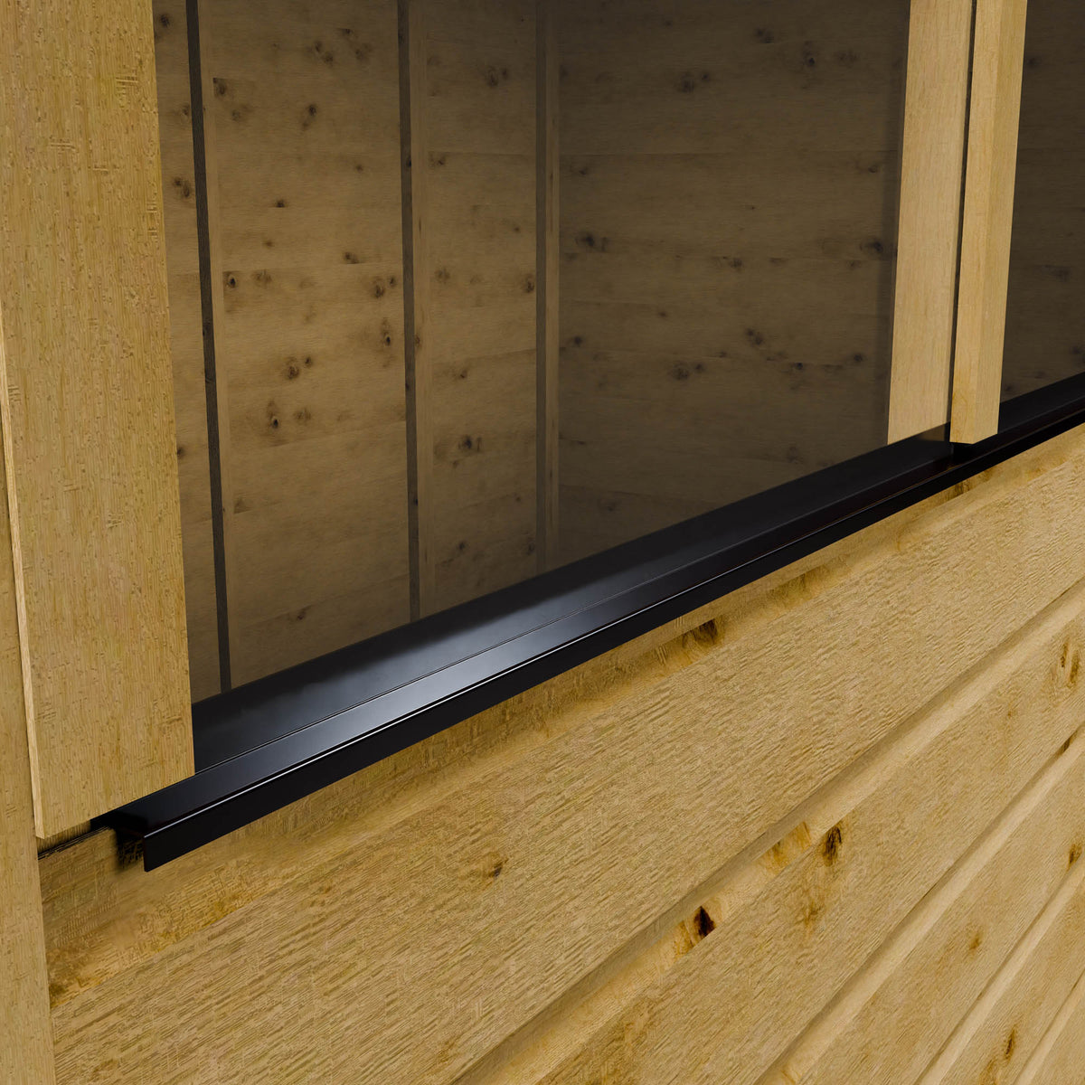 Close-up of a wooden shiplap shed with a black styrene window frame.