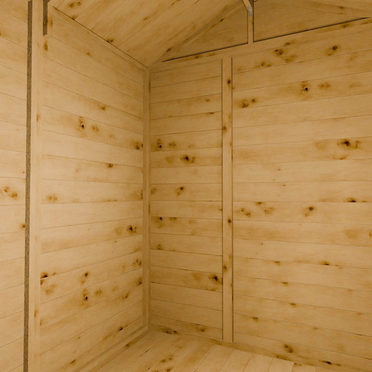 Wooden shed interior with an apex ceiling