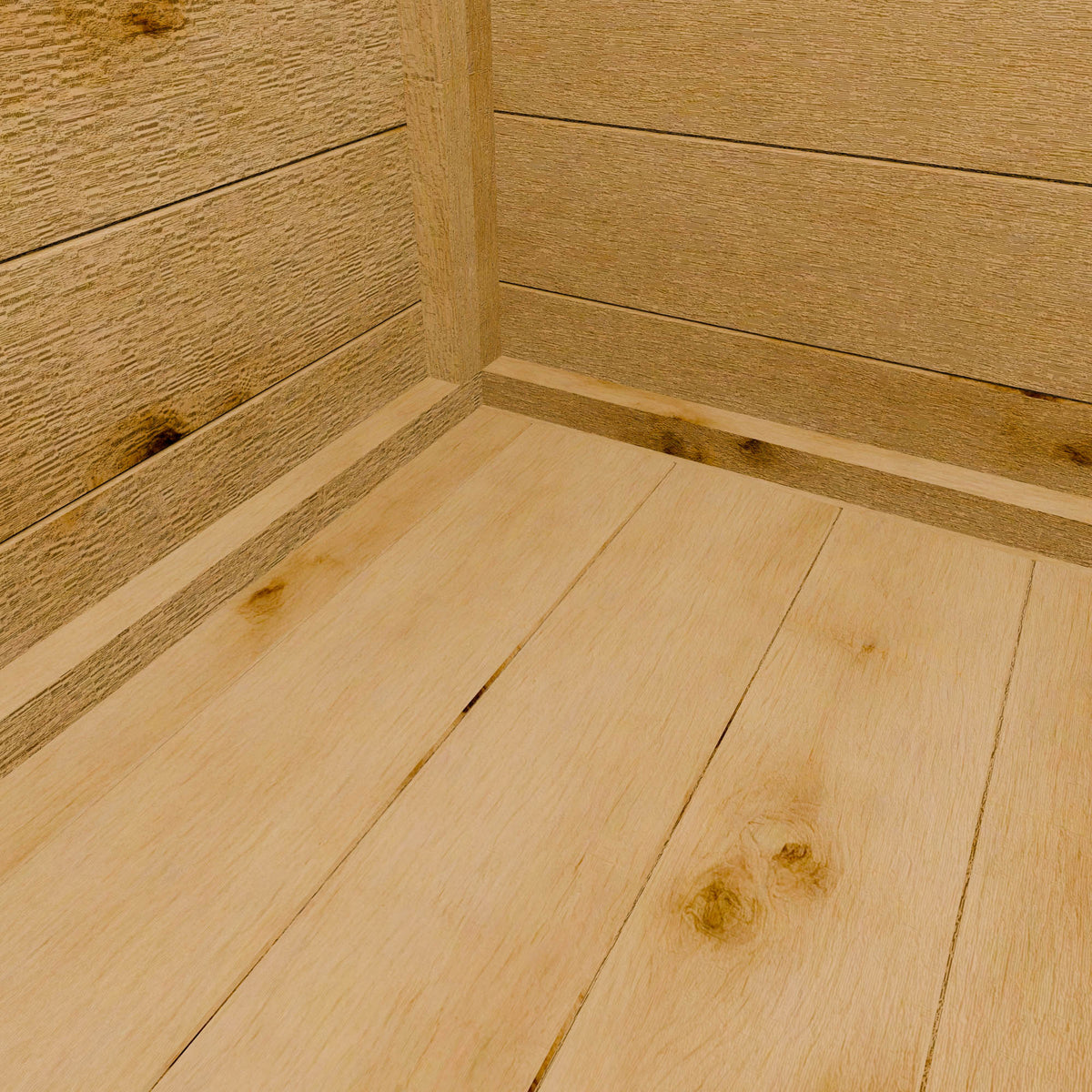 Close-up of wooden shed flooring with a focus on texture and grain.