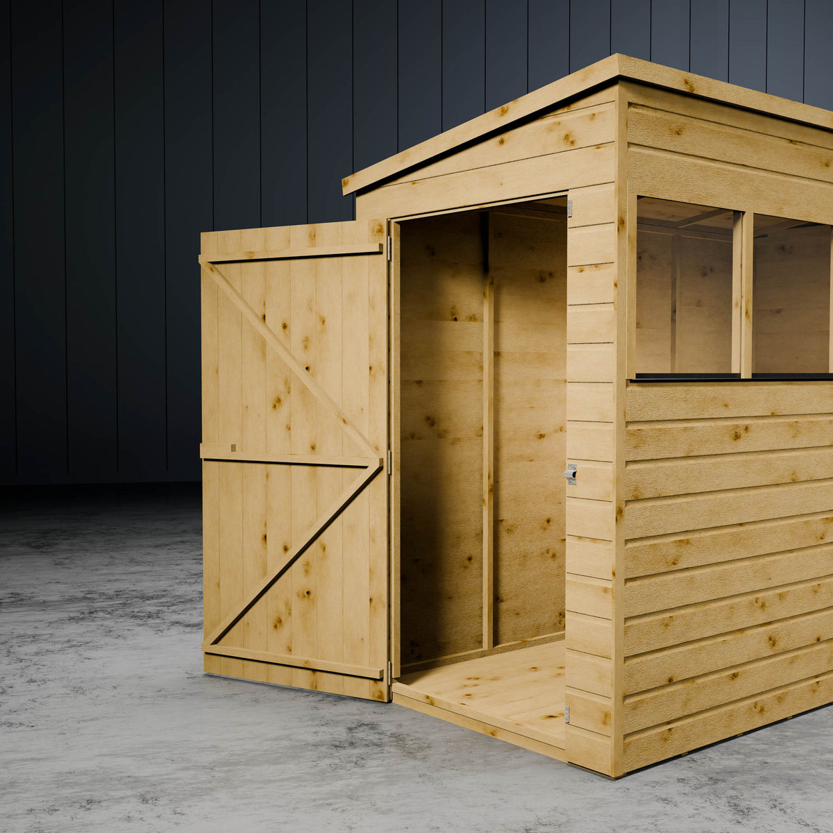 Wooden pent shiplap shed with styrene windows and an open door in a metallic setting.