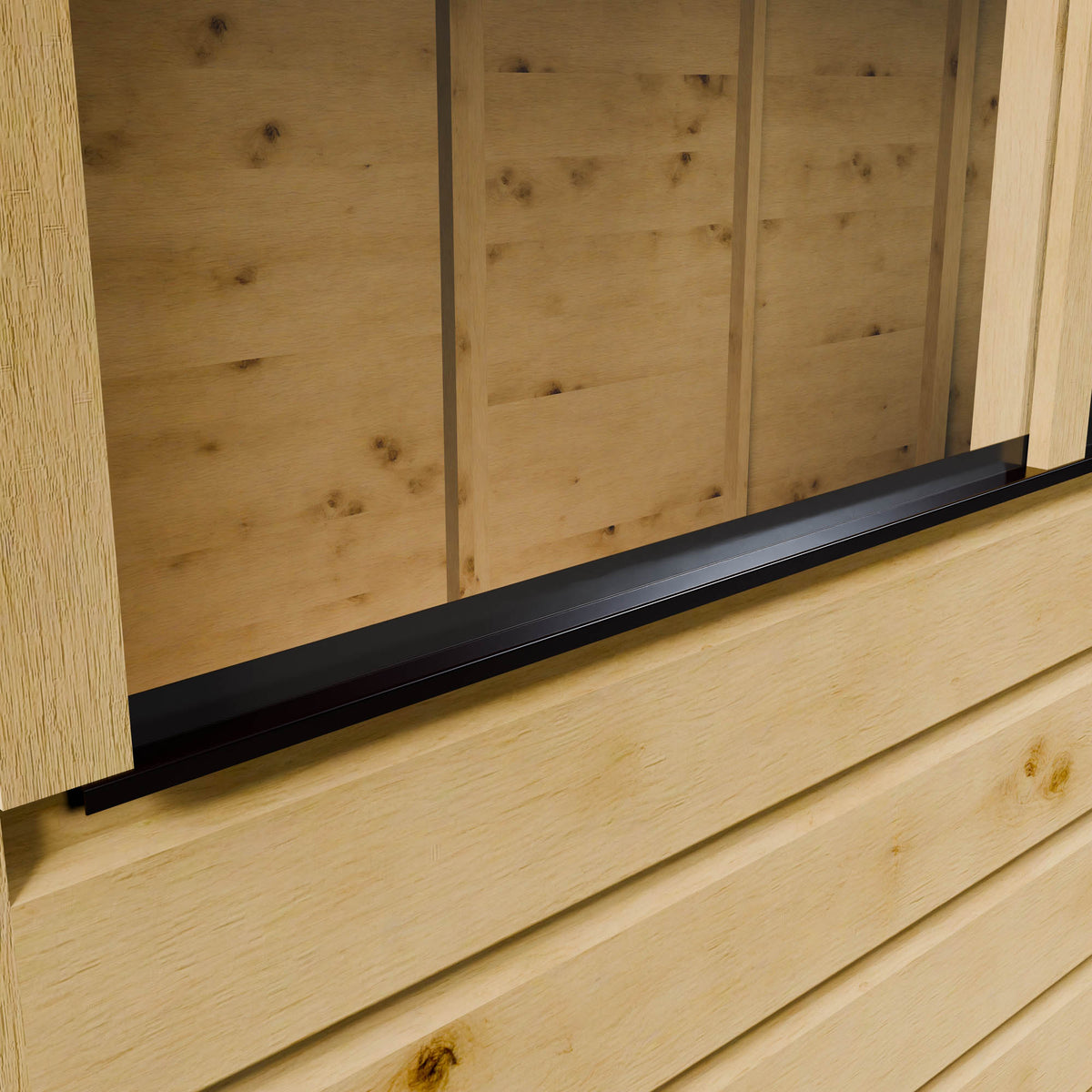 Close-up of wooden shed styrene window with a black strip at the bottom.