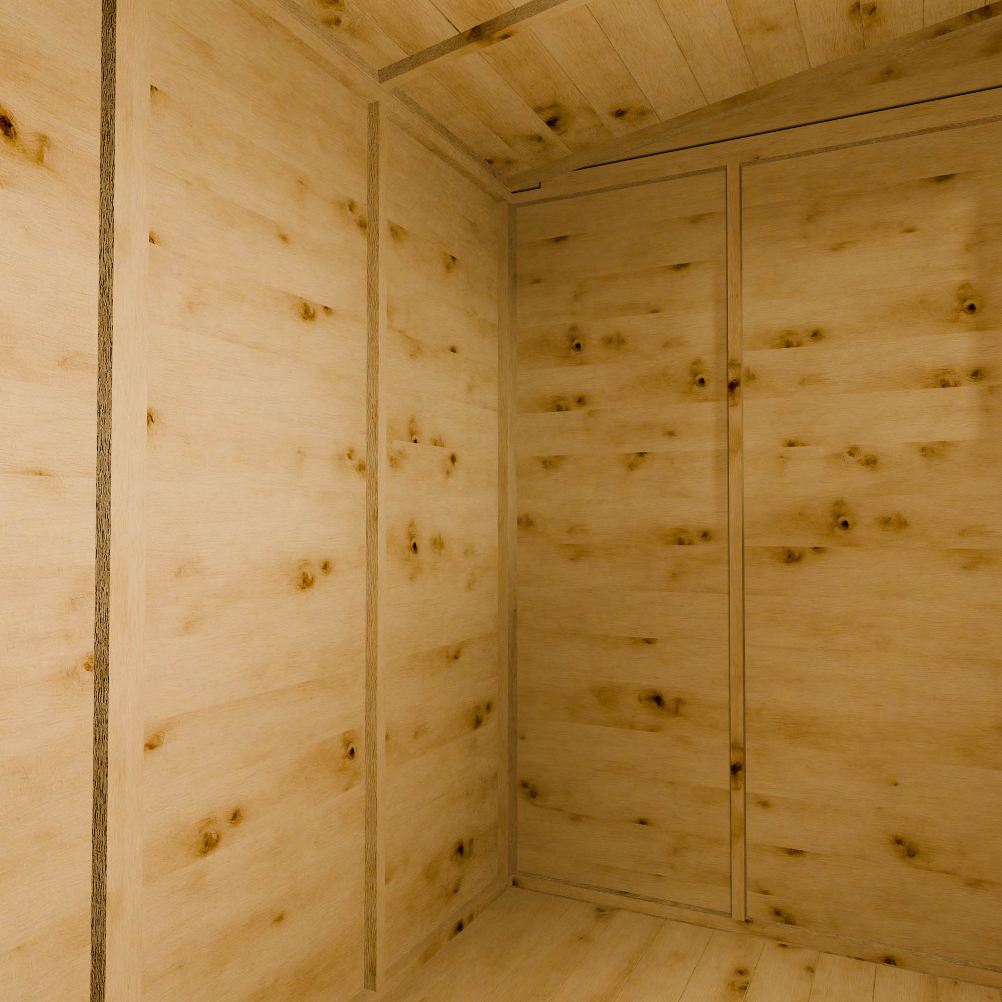 Wooden shed interior with natural wood finish