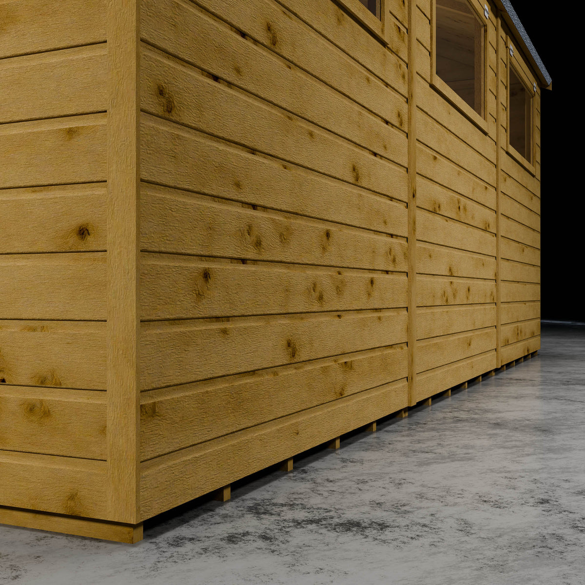 Wooden shiplap shed wall with styrene windows in a dark background.