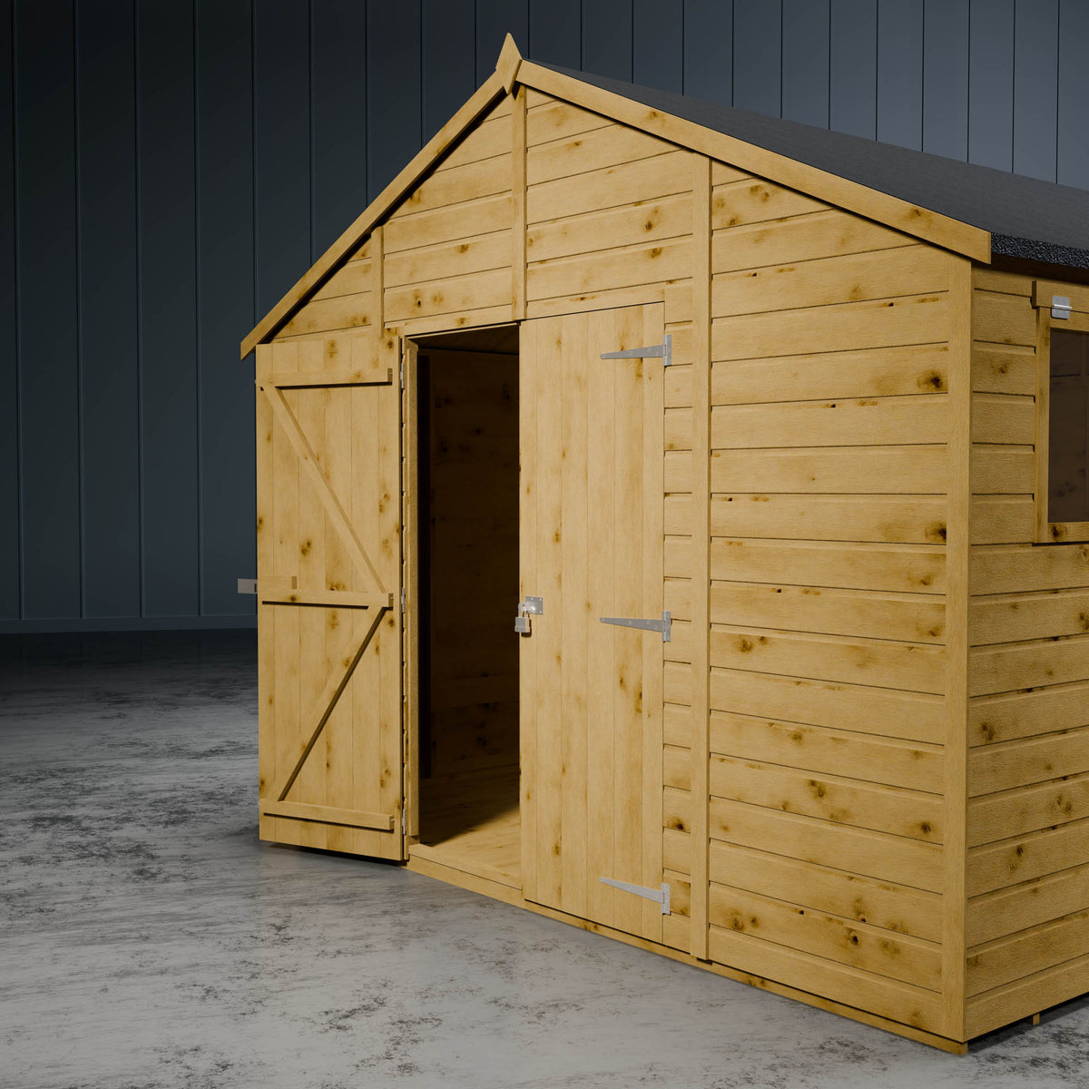Wooden shiplap apex shed with one of the double doors open in a metallic setting.